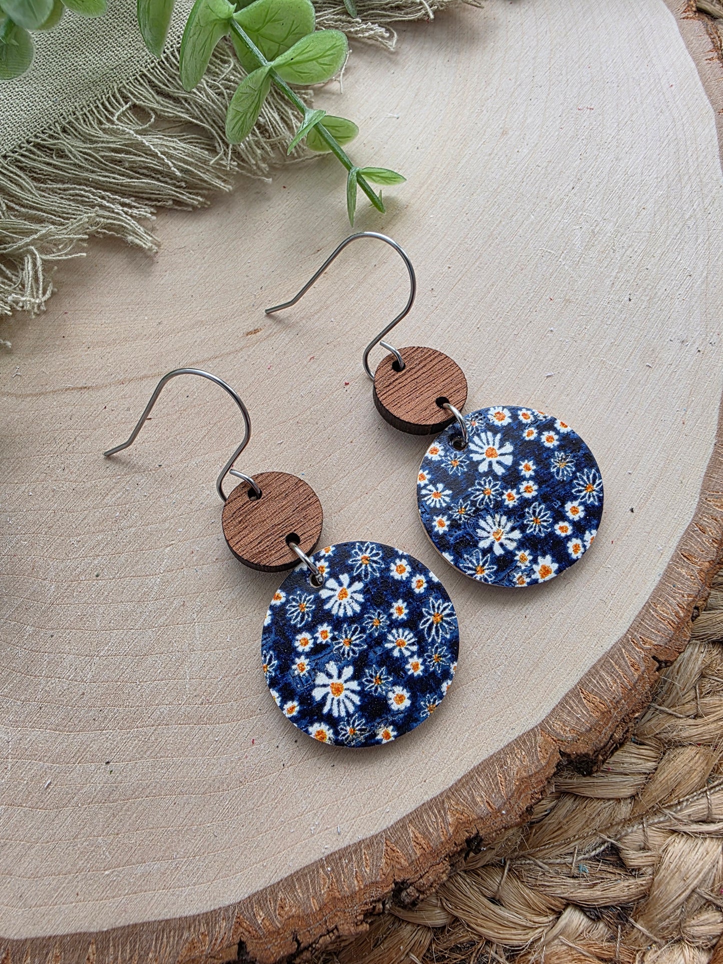 Tiny Daisies on Navy Blue Floral Circle Earrings