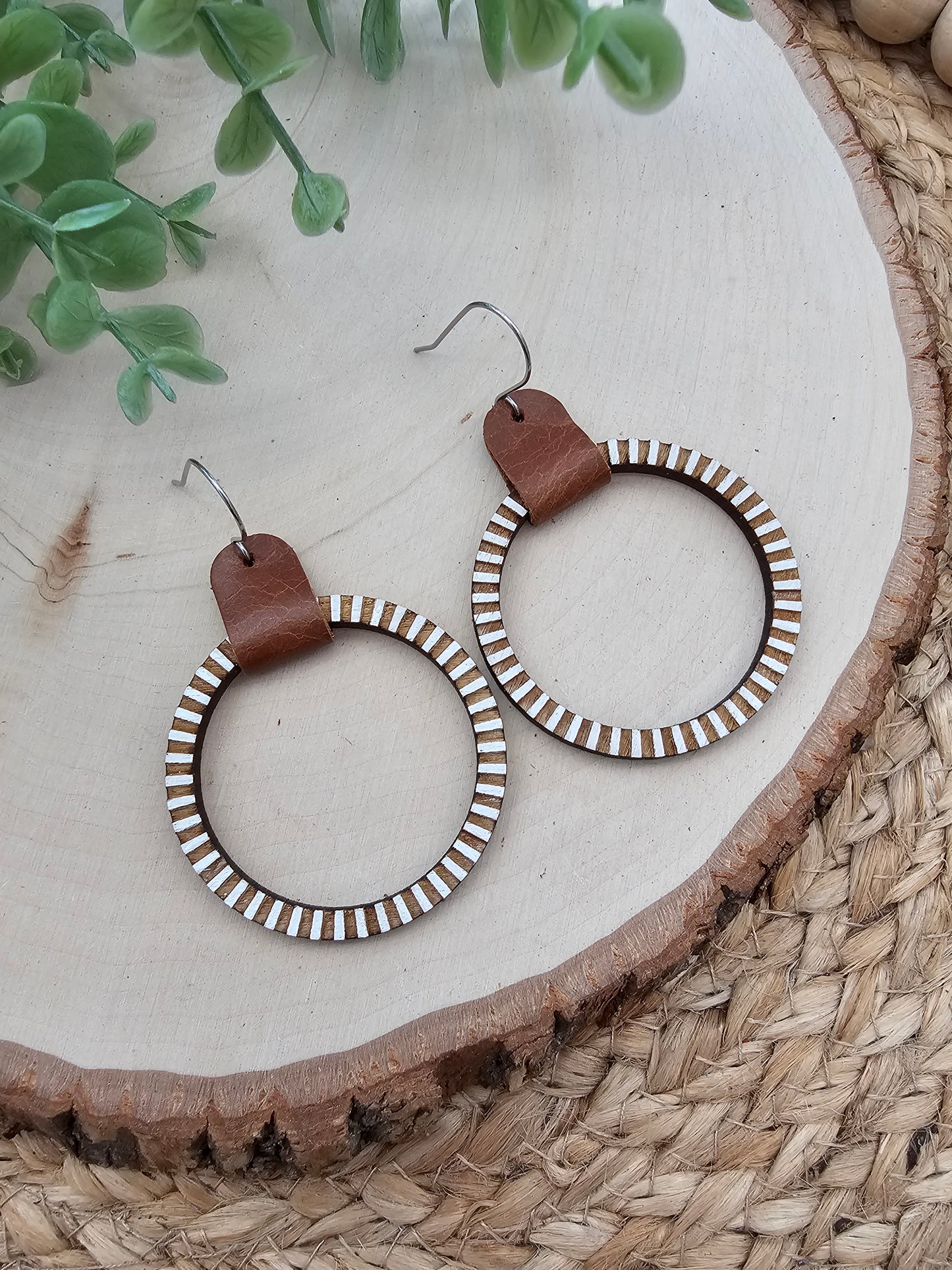 Engraved Striped Wood & Leather Hoop Earrings - 3 Sizes