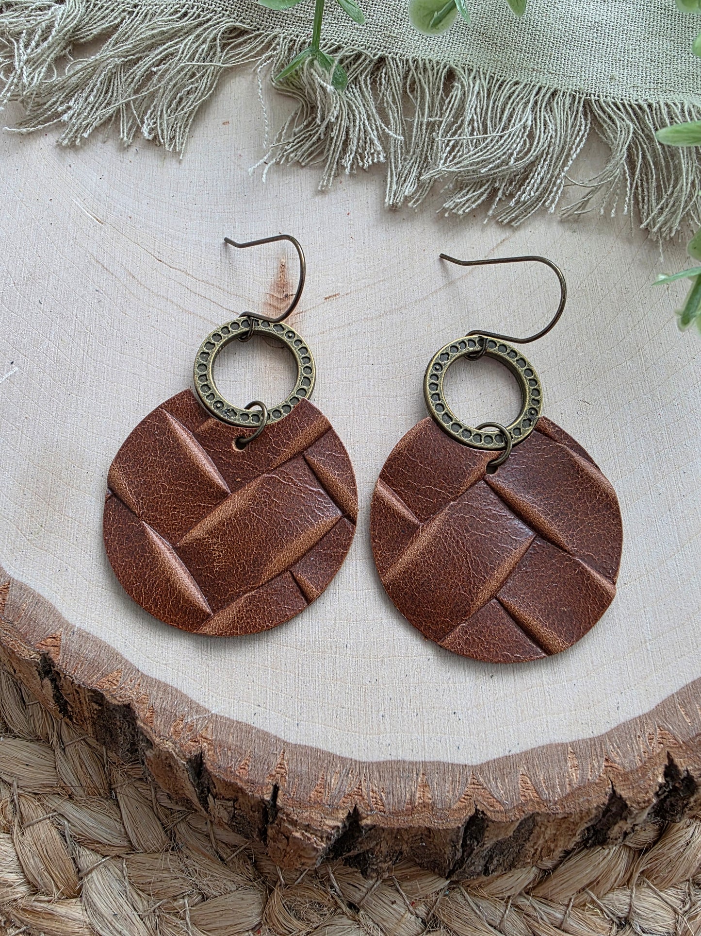 Saddle Brown Box Braid Embossed Circle Earrings