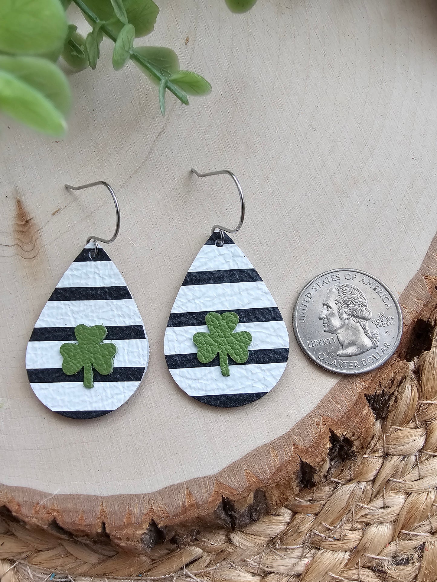 Black & White Striped Shamrock Teardrop Earrings