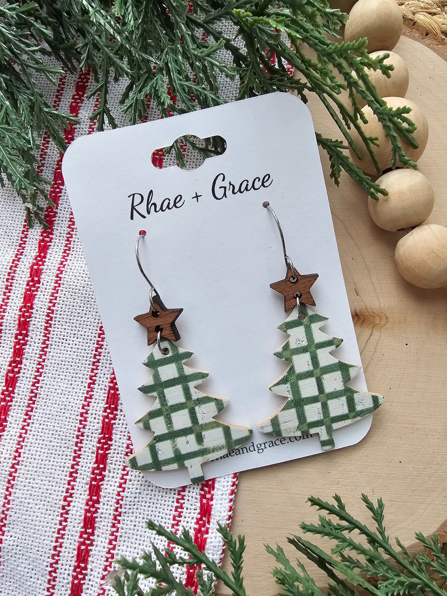 Green Farmhouse Plaid Christmas Tree Earrings