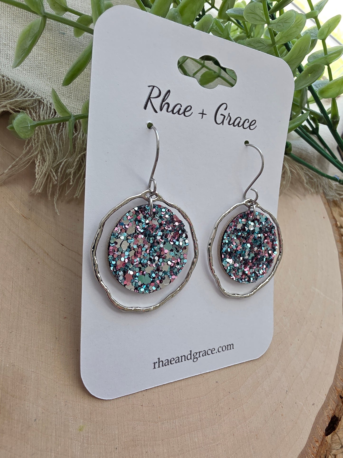 Blue & Mauve Glitter Circle Earrings