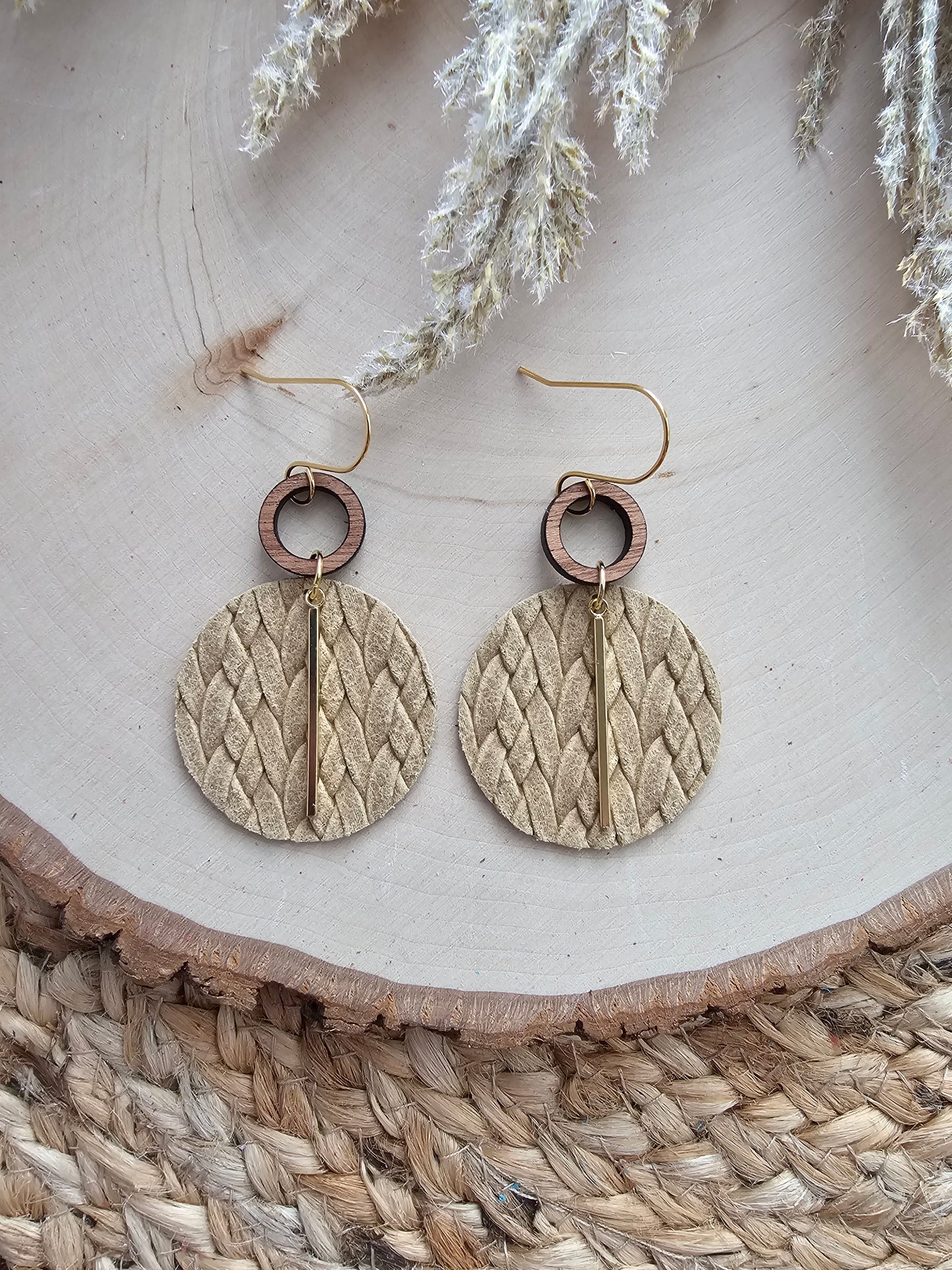 Beige Braided Circle Earrings - Silver or Gold