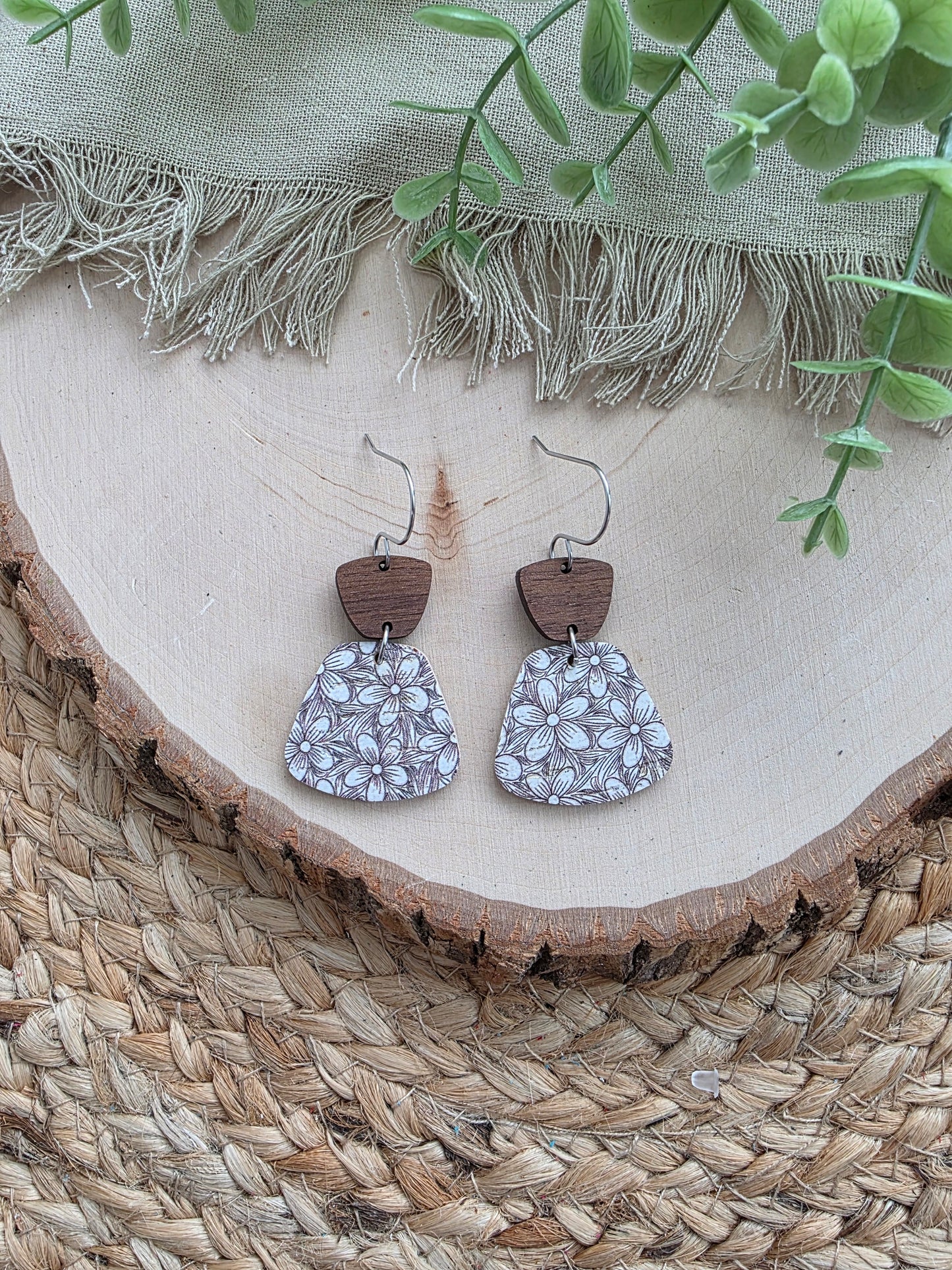 Neutral Floral Rounded Trapezoid Earrings
