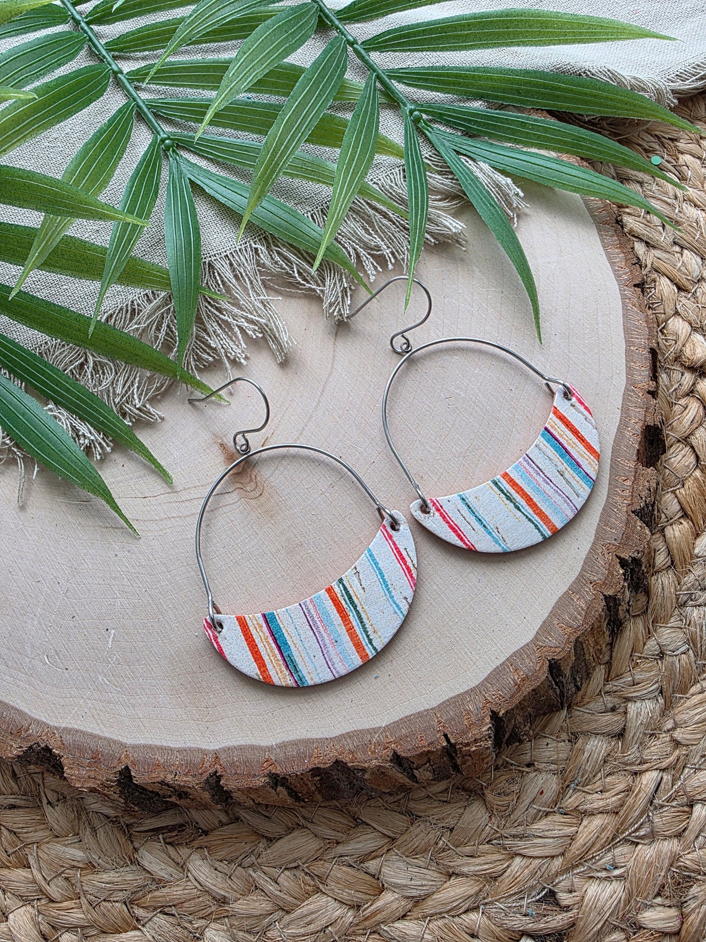 Summer Stripes Crescent Hoop Leather Earrings
