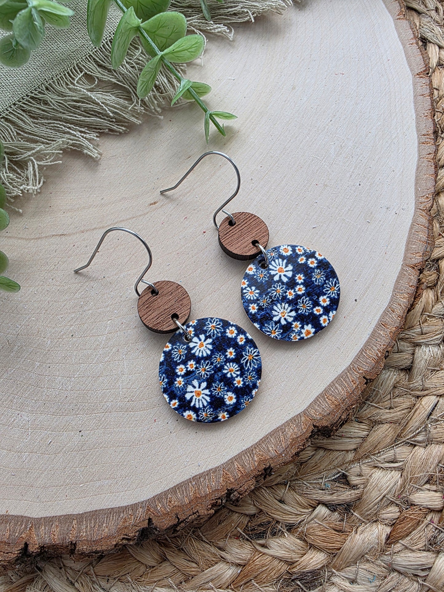Tiny Daisies on Navy Blue Floral Circle Earrings