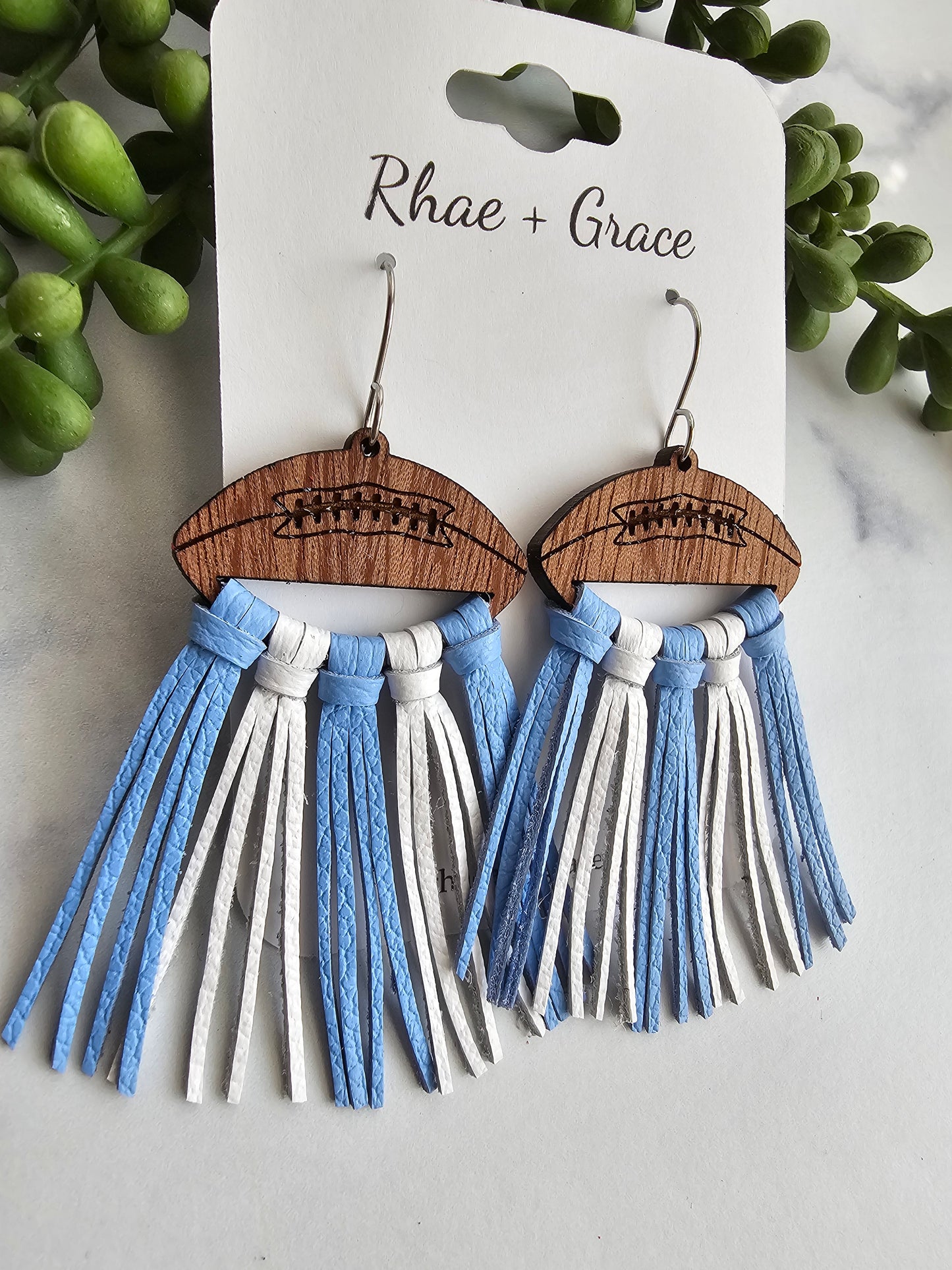 Carolina Blue & White Leather Fringe Football Statement Earrings