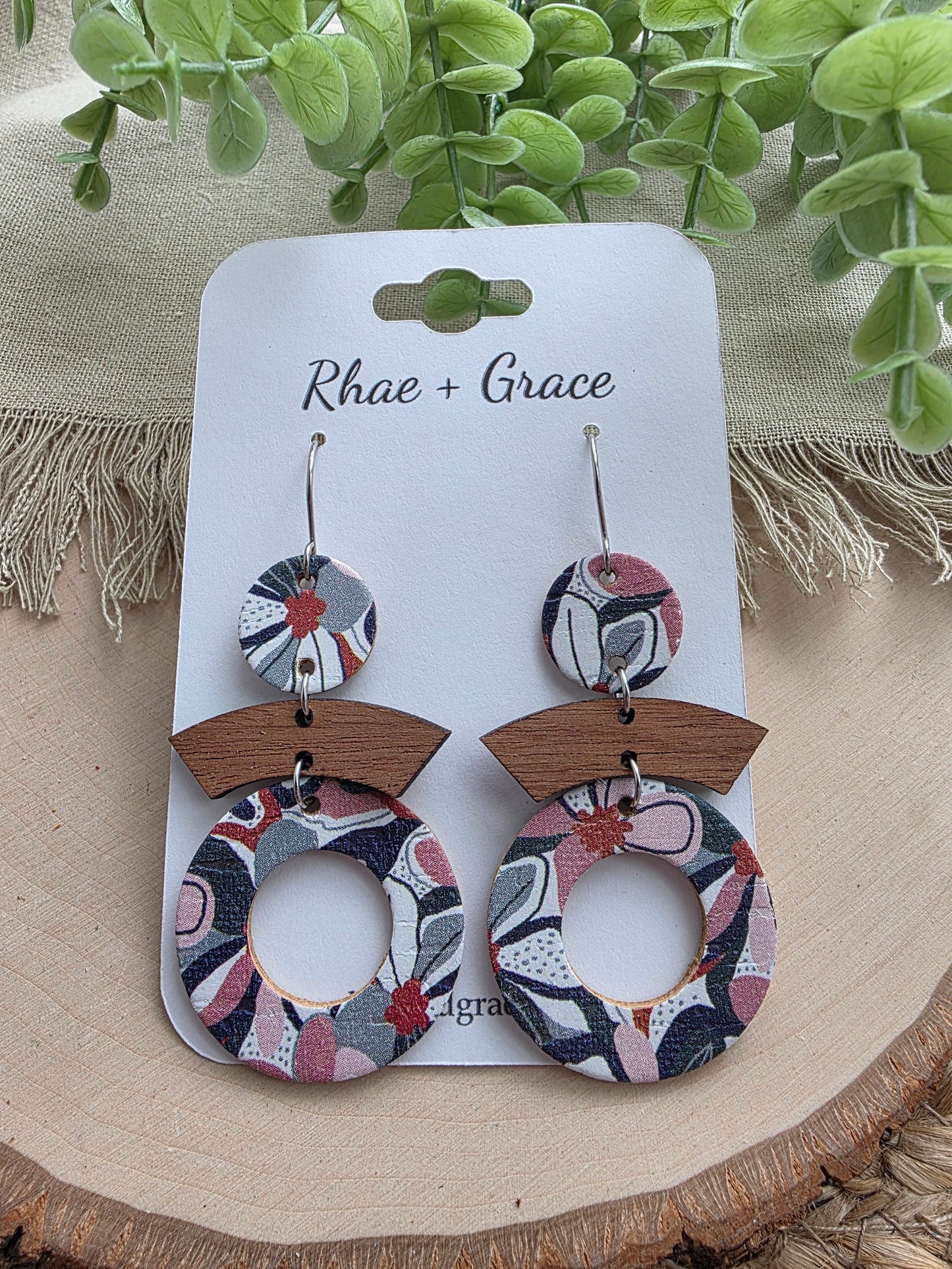 Retro Green & Pink Floral Round Cutout Earrings