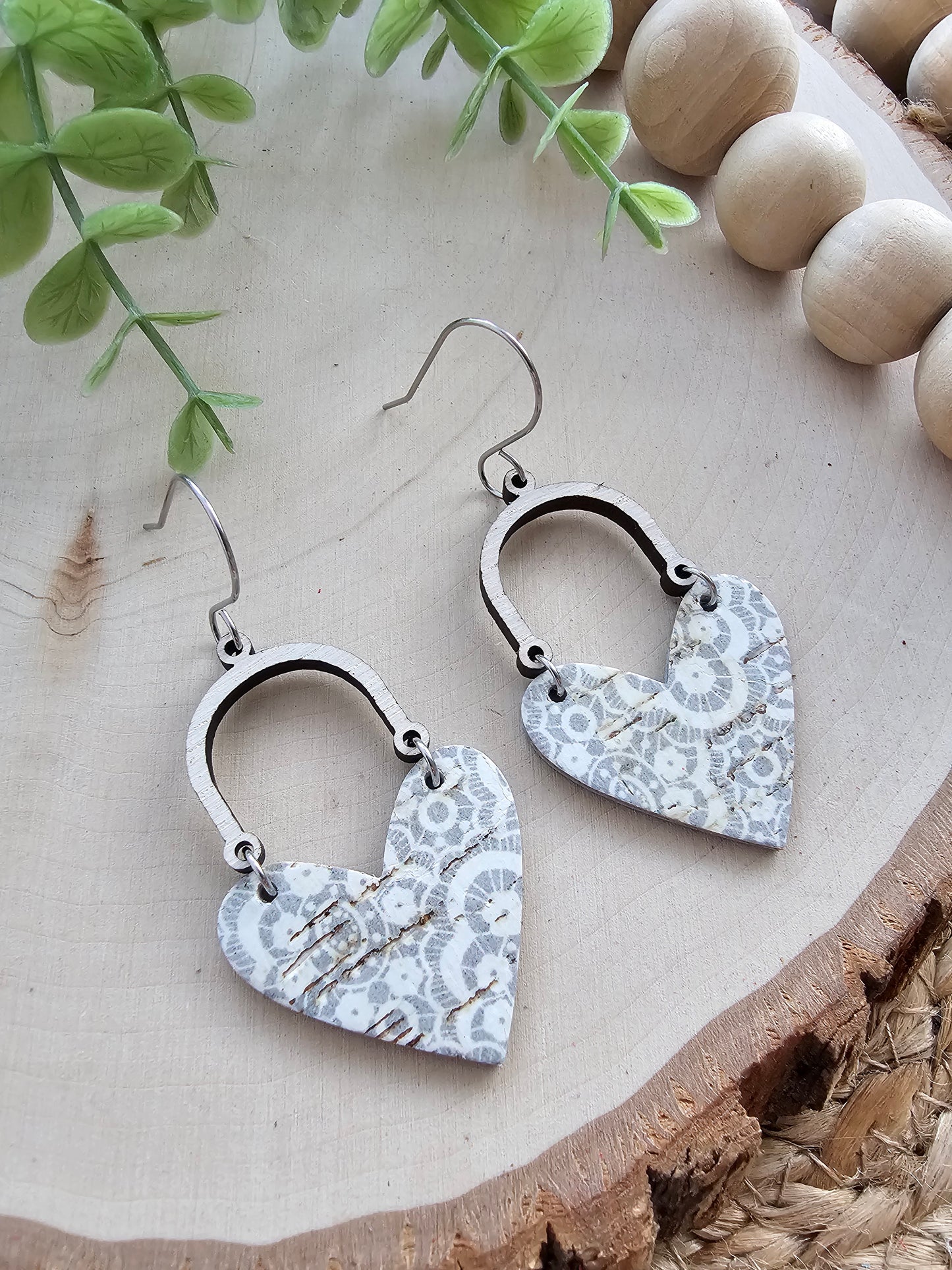 Gray & White Lace Doily Arched Heart Earrings