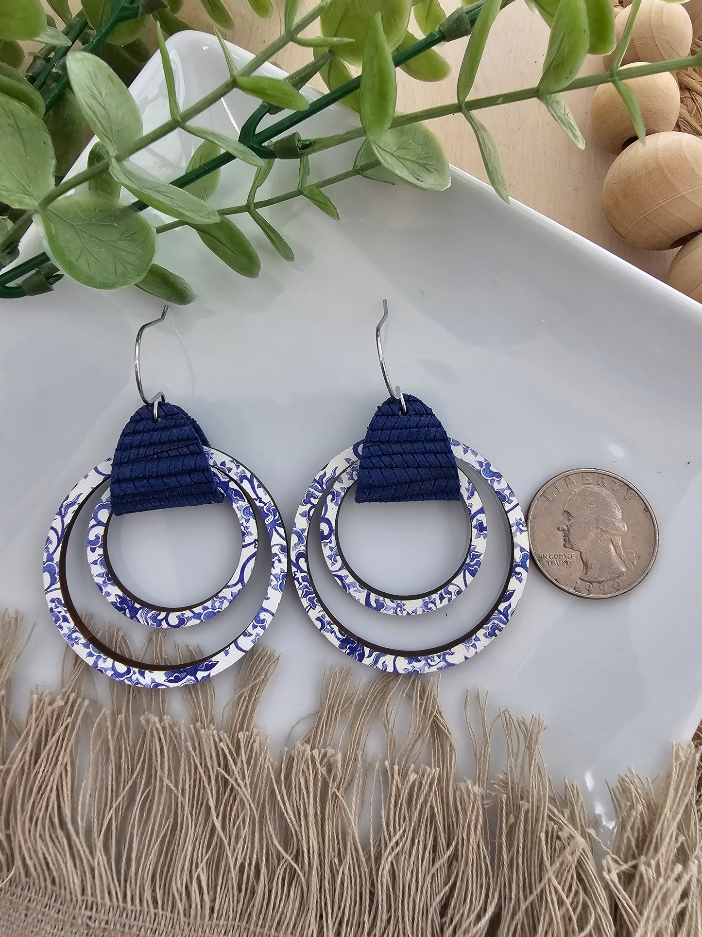 Blue & White China Leather & Wood Double Hoop Earrings