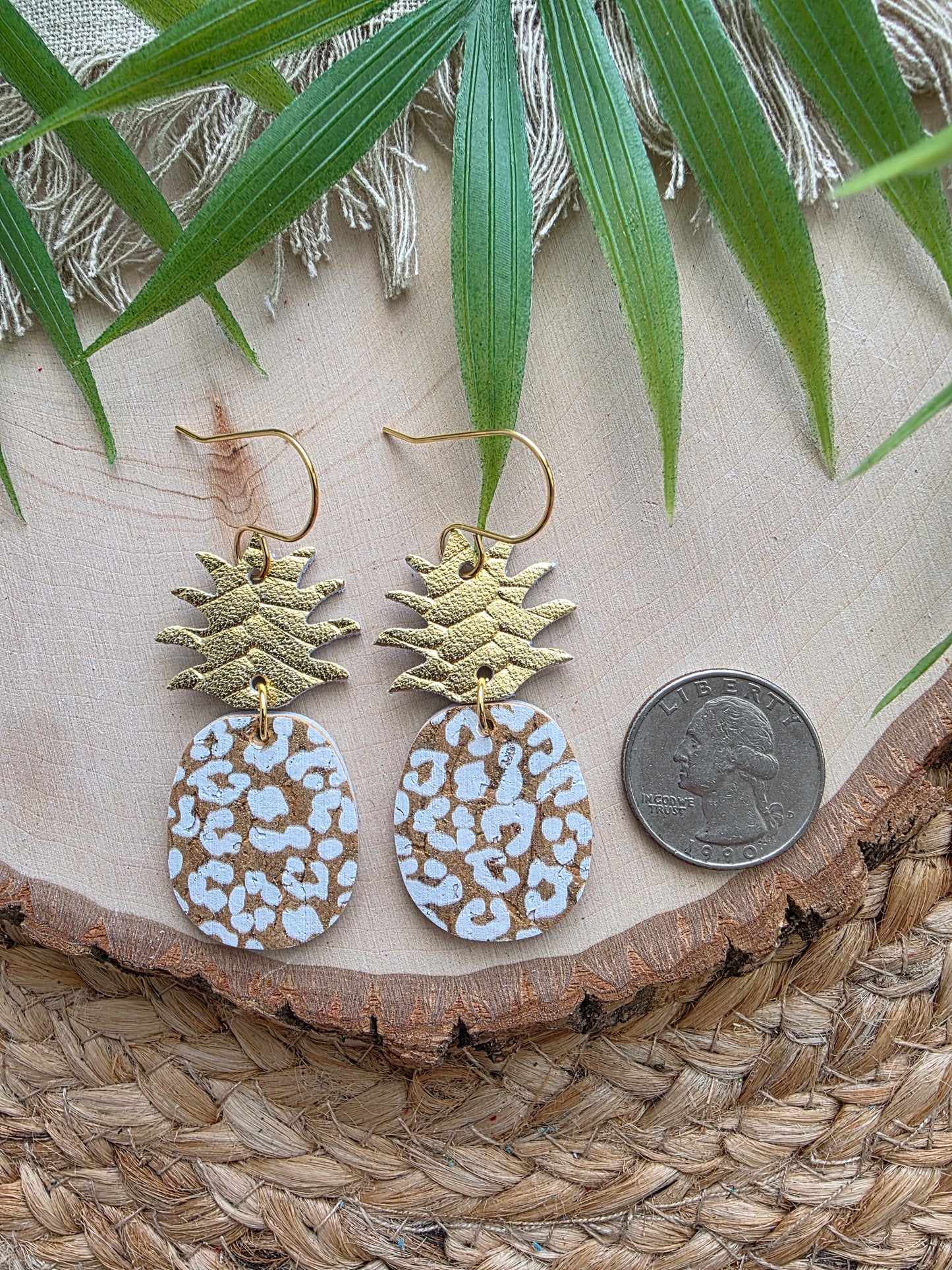 White & Gold Leopard Print Pineapple Earrings