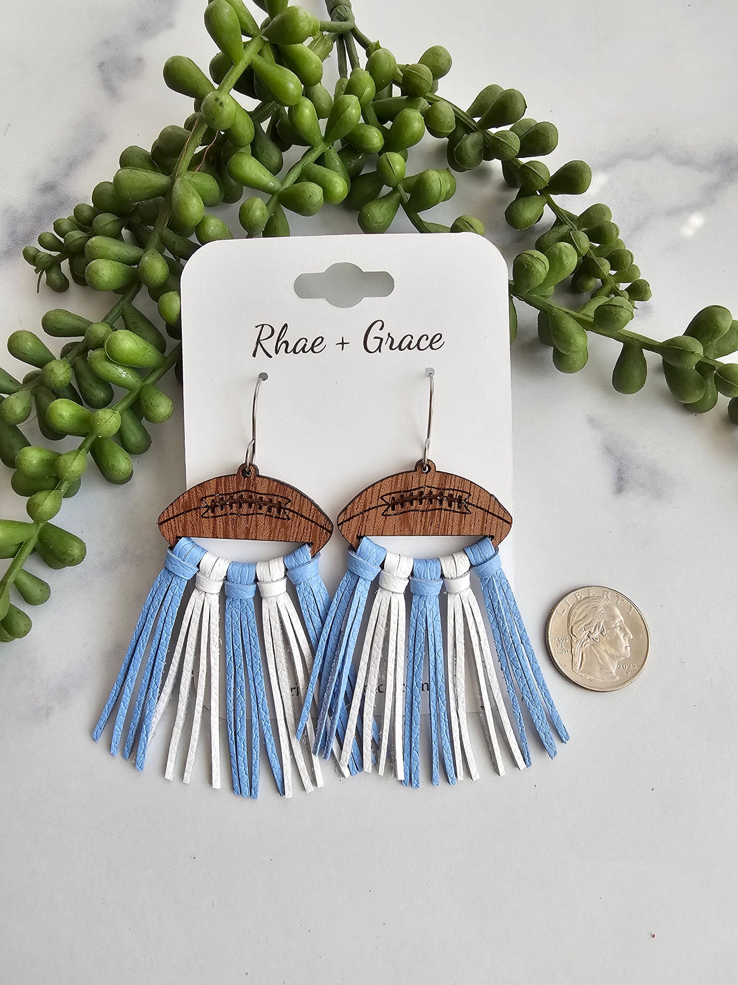Carolina Blue & White Leather Fringe Football Statement Earrings