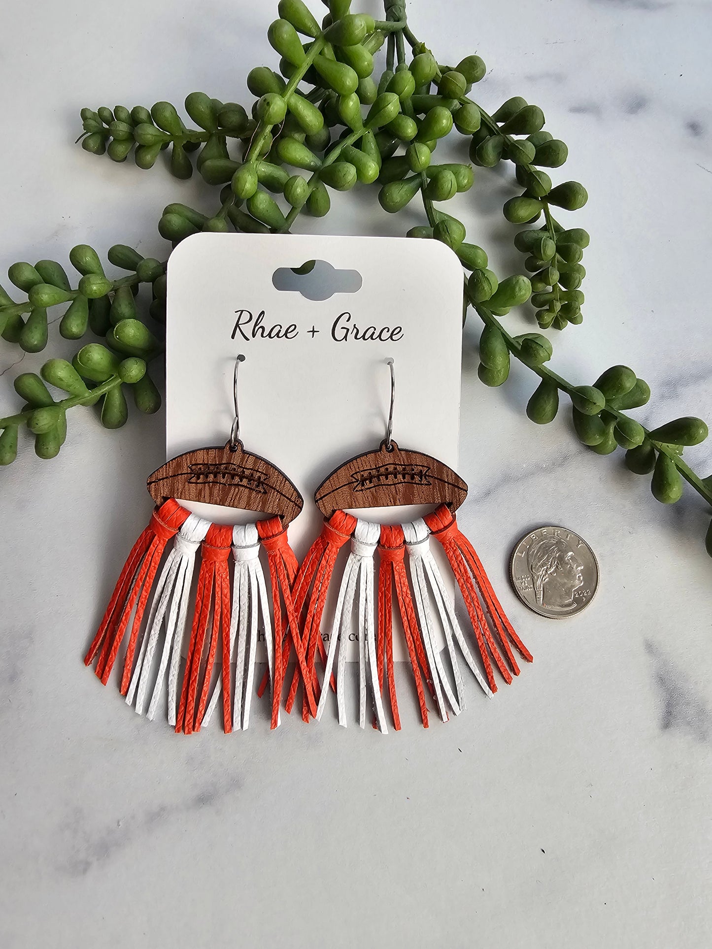 Orange & White Leather Fringe Football Statement Earrings