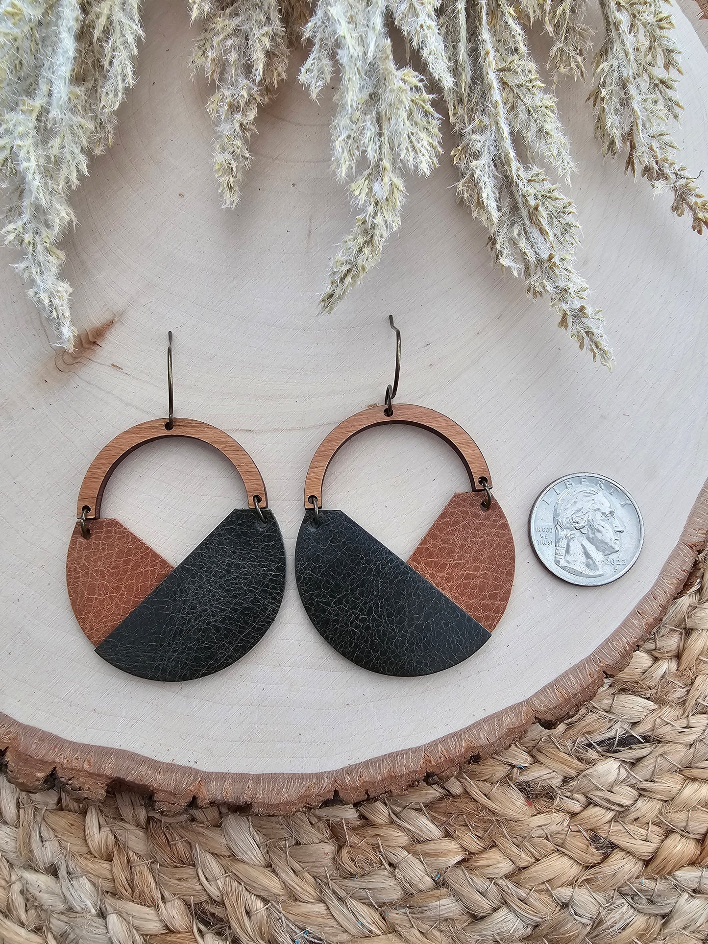 Saddle Brown & Dark Green Arched Earrings
