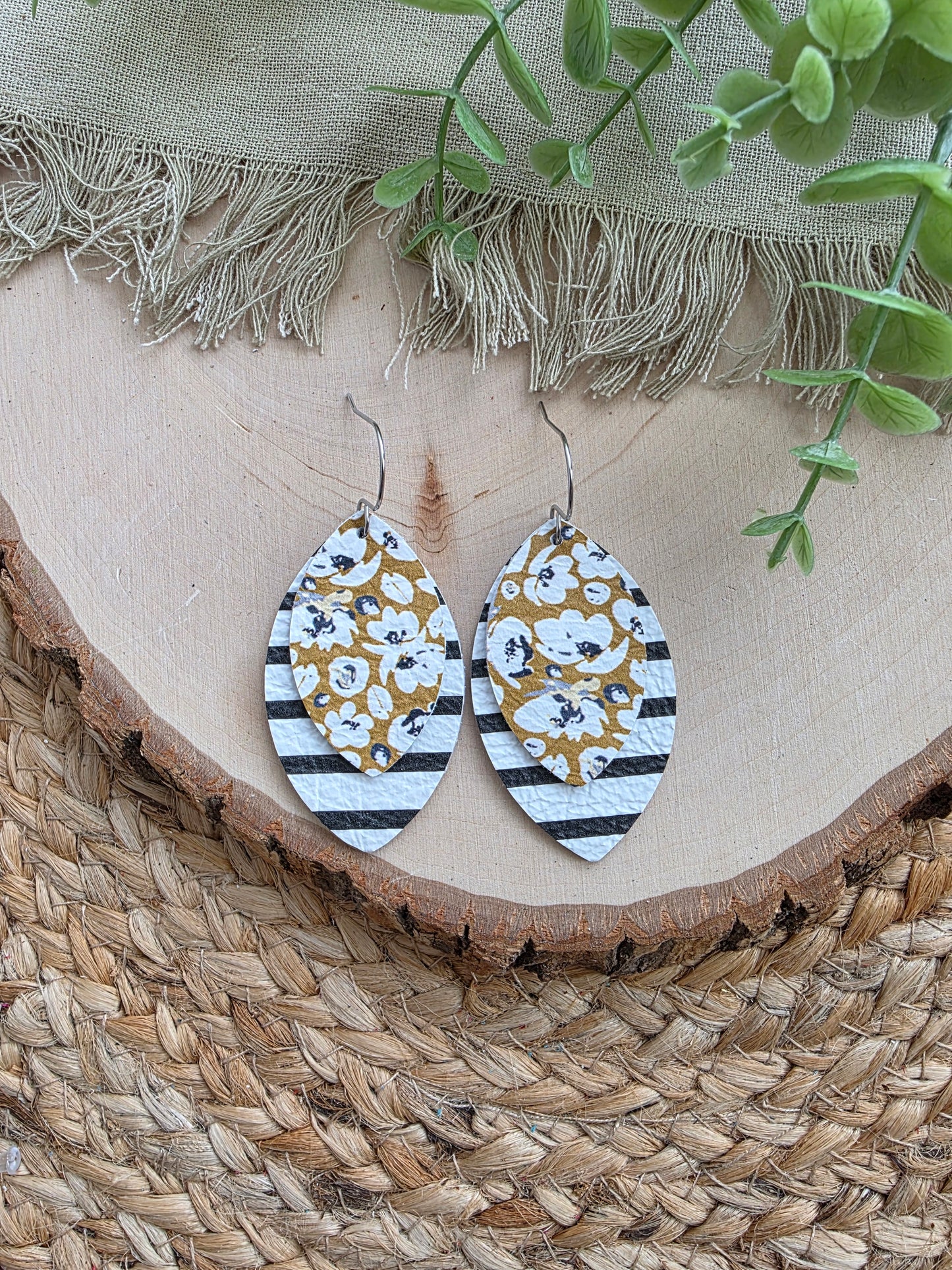 Yellow Floral and Black & White Striped Layered Leaf Earrings