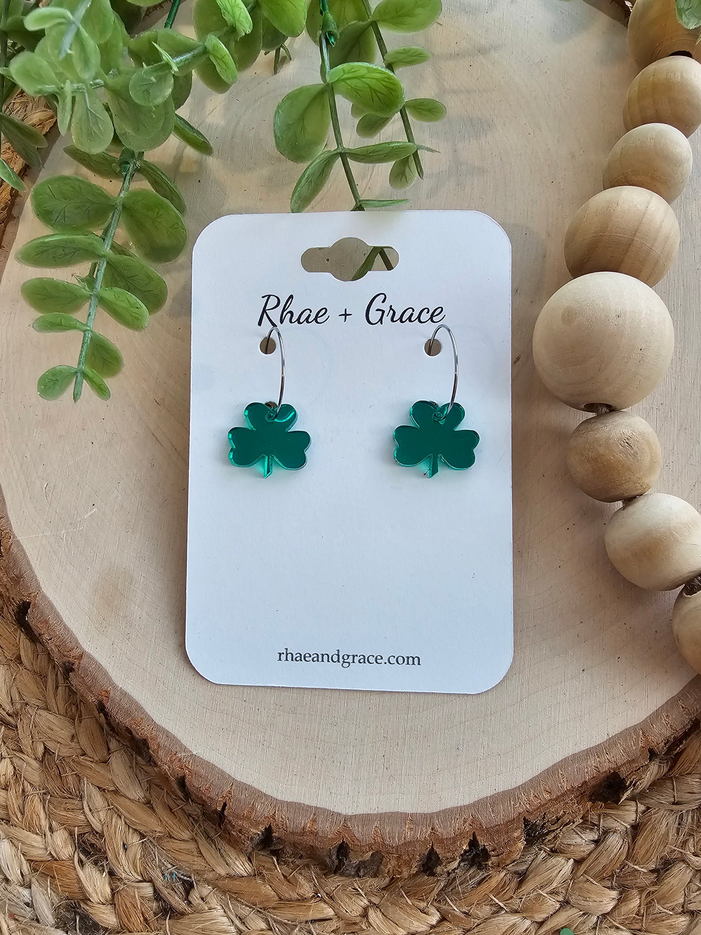 Dainty Mirrored Green Acrylic Shamrock Hoop Earrings