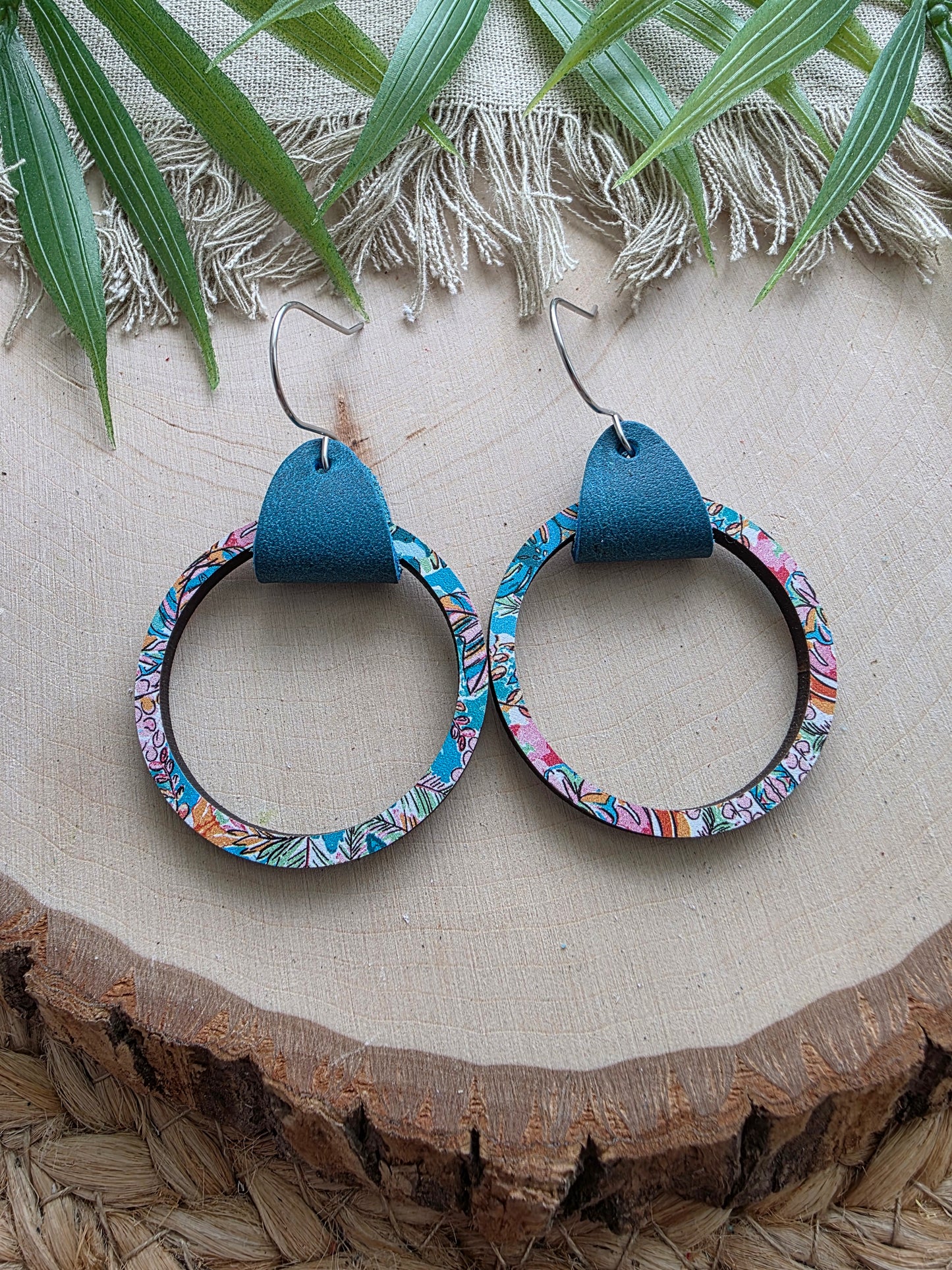 Tropical Leather & Single Wood Hoop Earrings