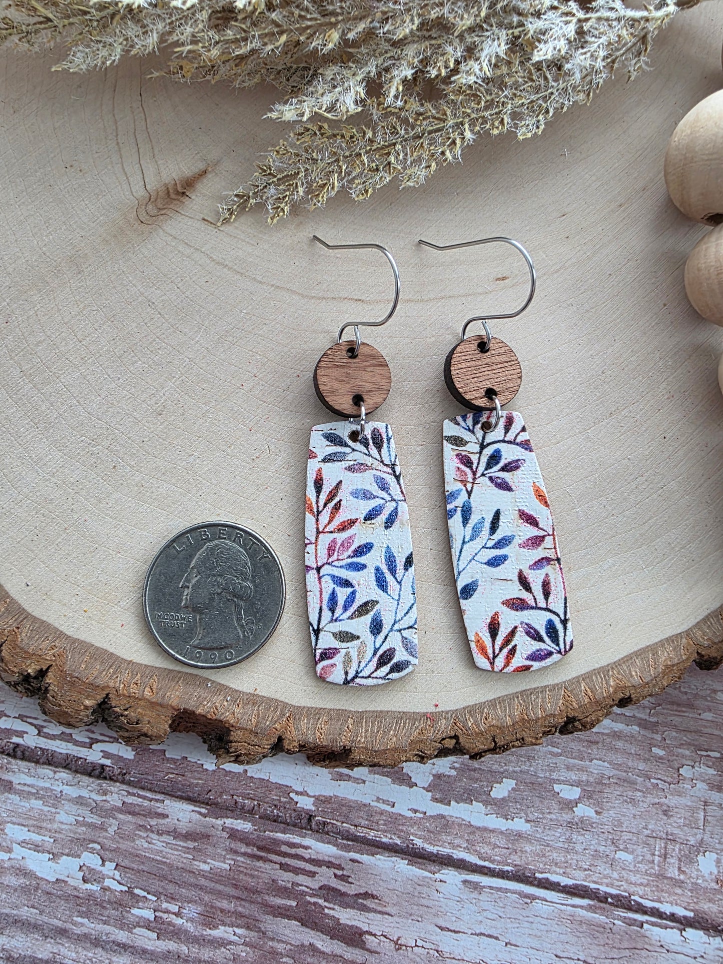 Autumn Willow Branch Floral Bar Leather Earrings