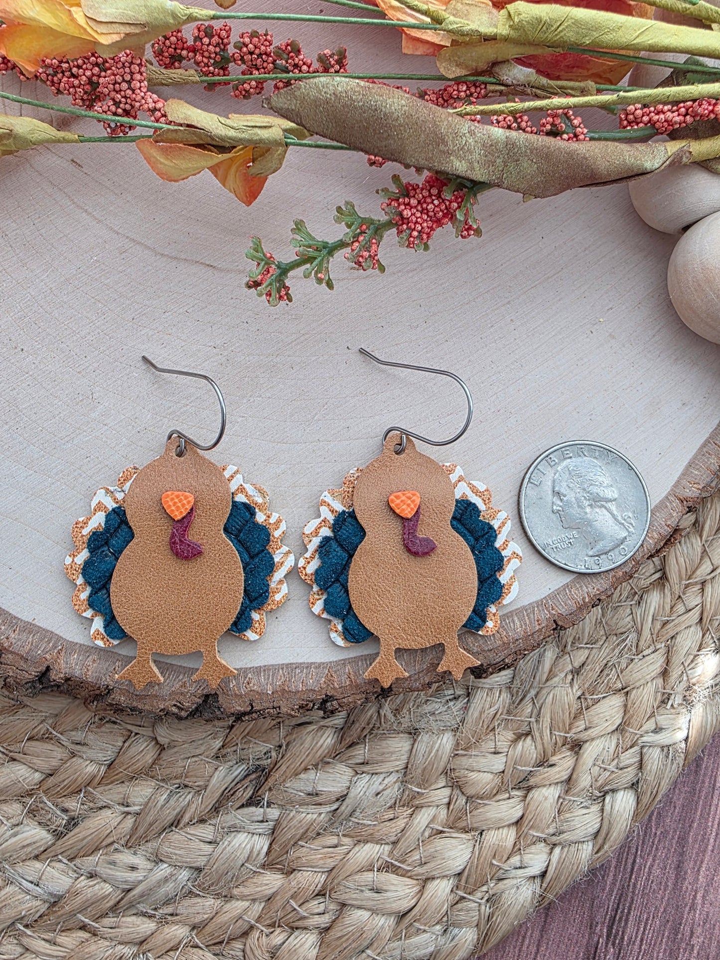 Mustard Chevron & Teal Turkey Earrings