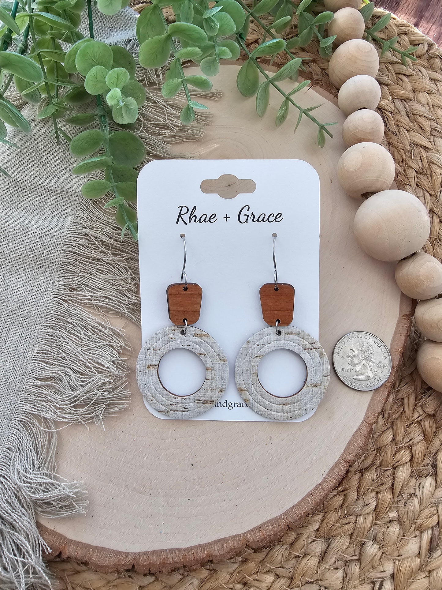 Tan Linen Embossed Circle Cutout Earrings