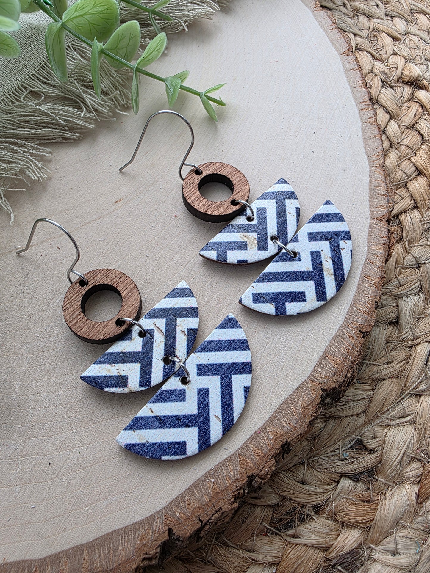 Blue & White Stacked Crescent Dangle Earrings