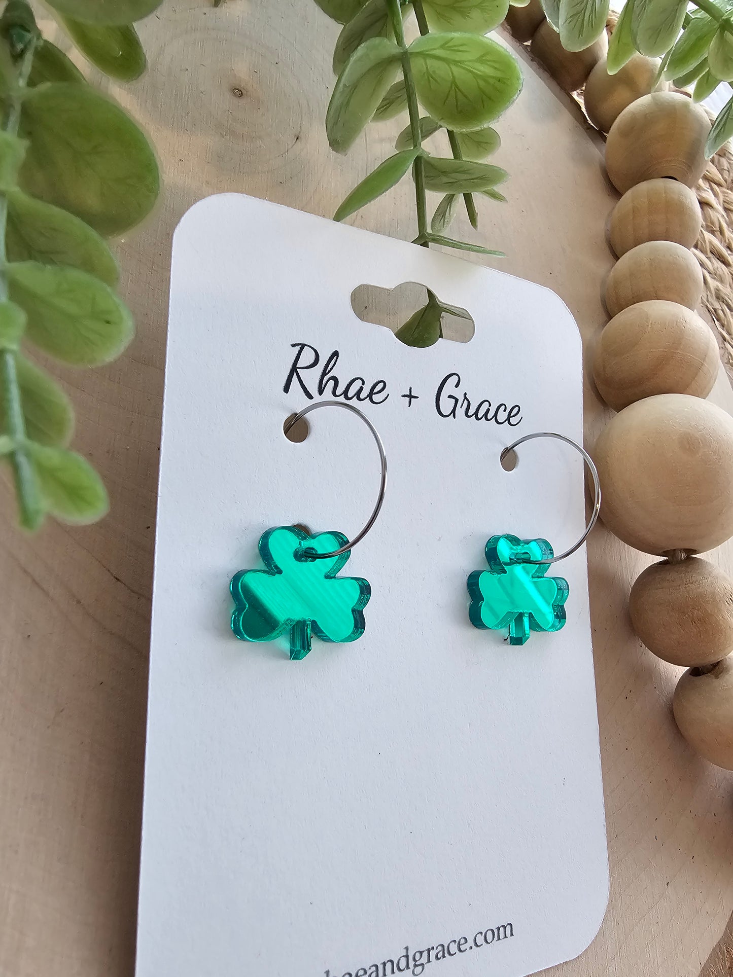 Dainty Mirrored Green Acrylic Shamrock Hoop Earrings