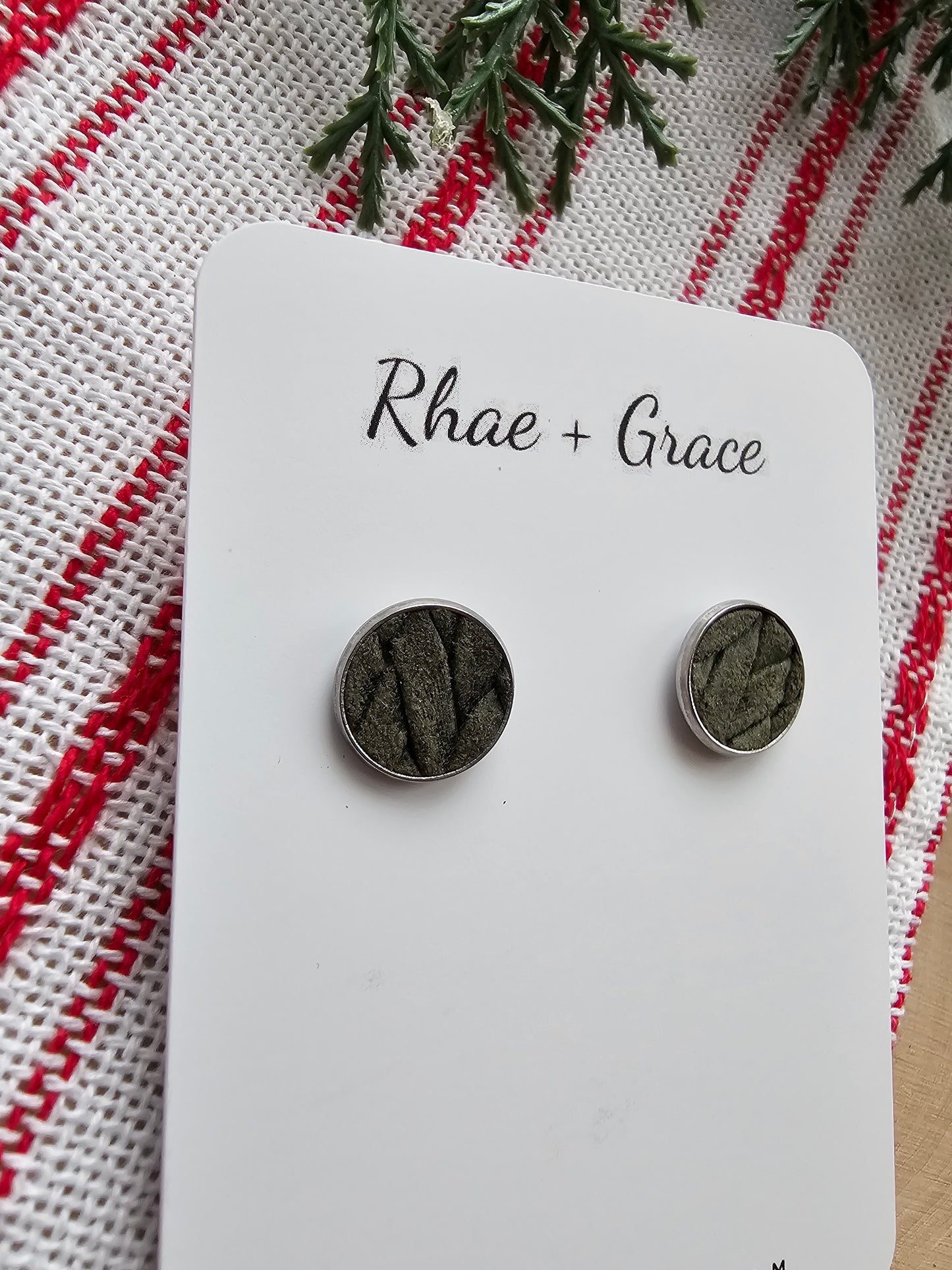 Olive Green Braided Embossed Stud Earrings - 12mm