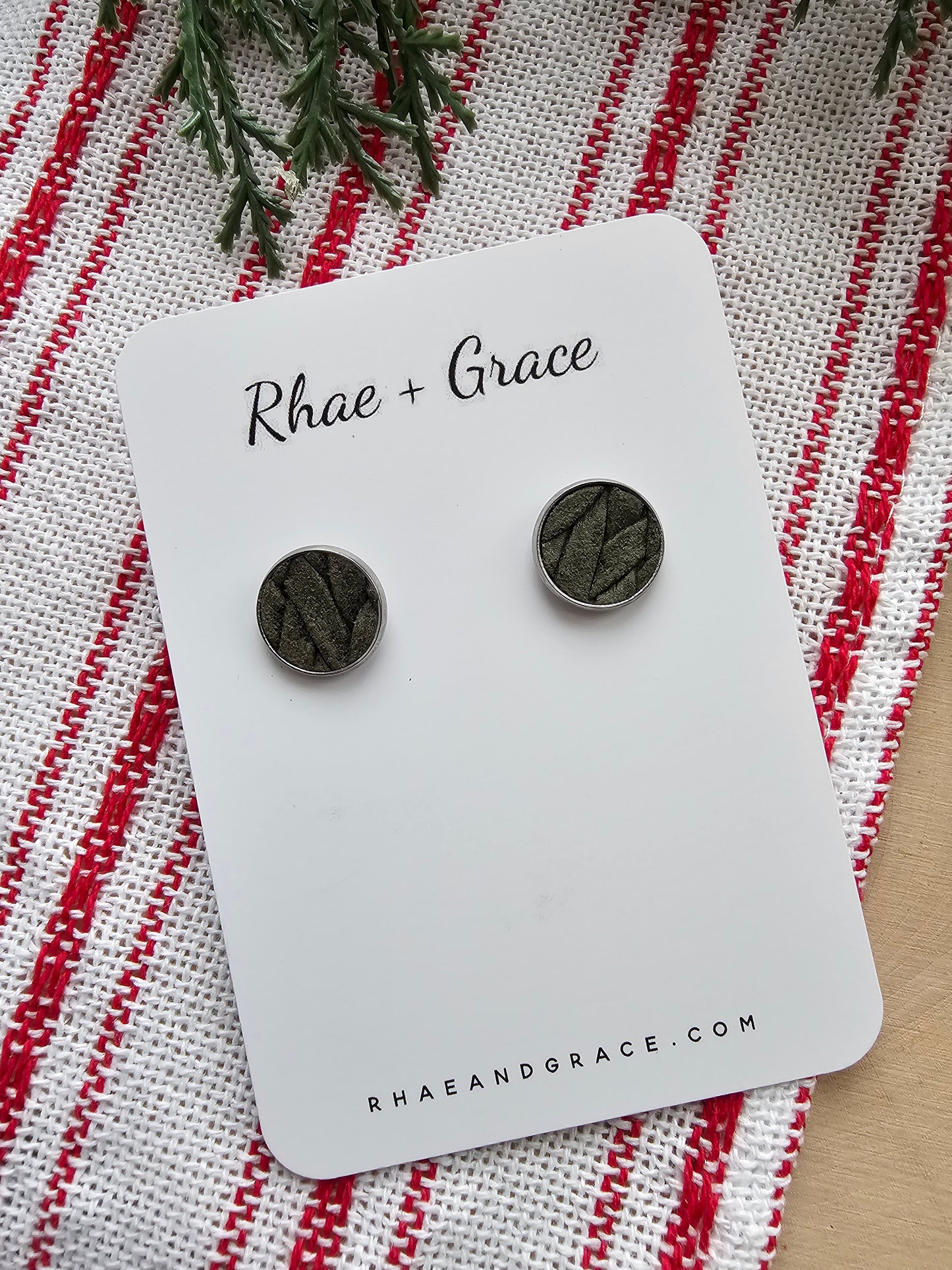 Olive Green Braided Embossed Stud Earrings - 12mm