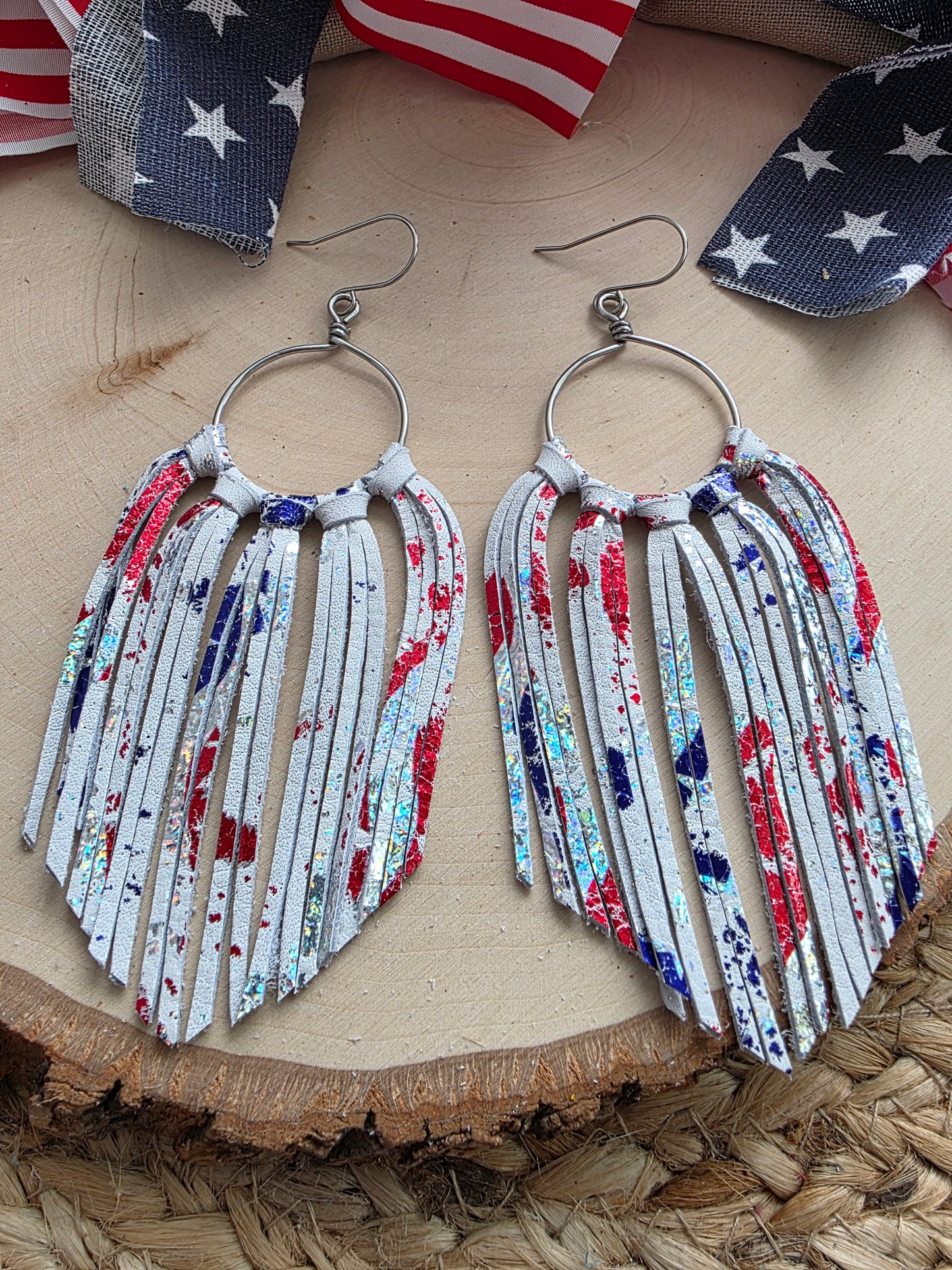 Patriotic Metallic Splatter Leather Fringe Statement Earrings