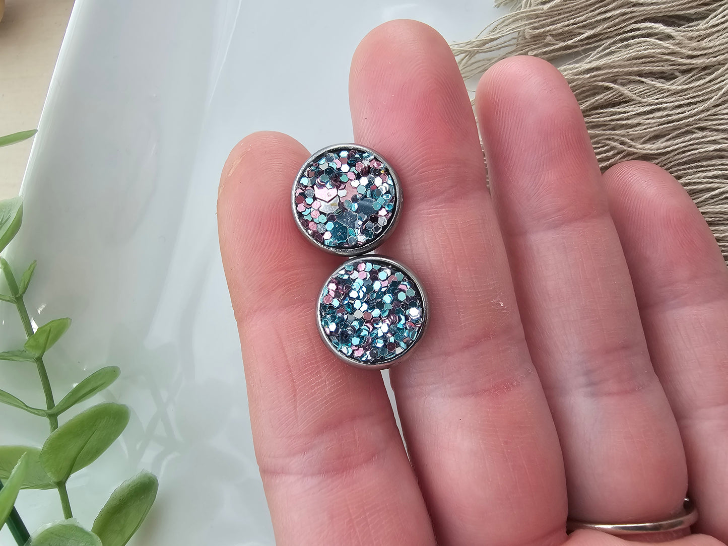 Blue & Mauve Glitter Stud Earrings - 12mm