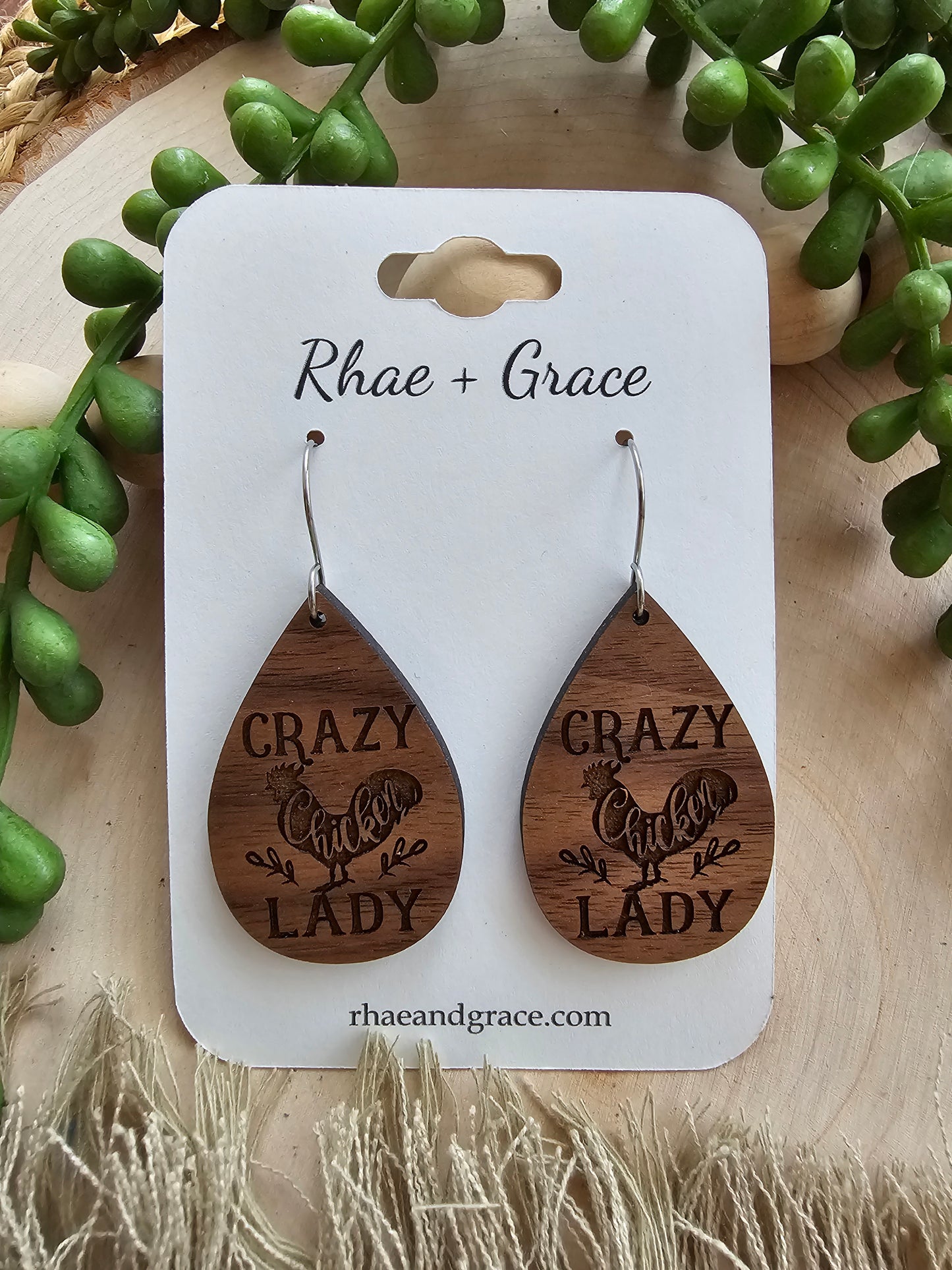 Crazy Chicken Lady Wood Teardrop Earrings
