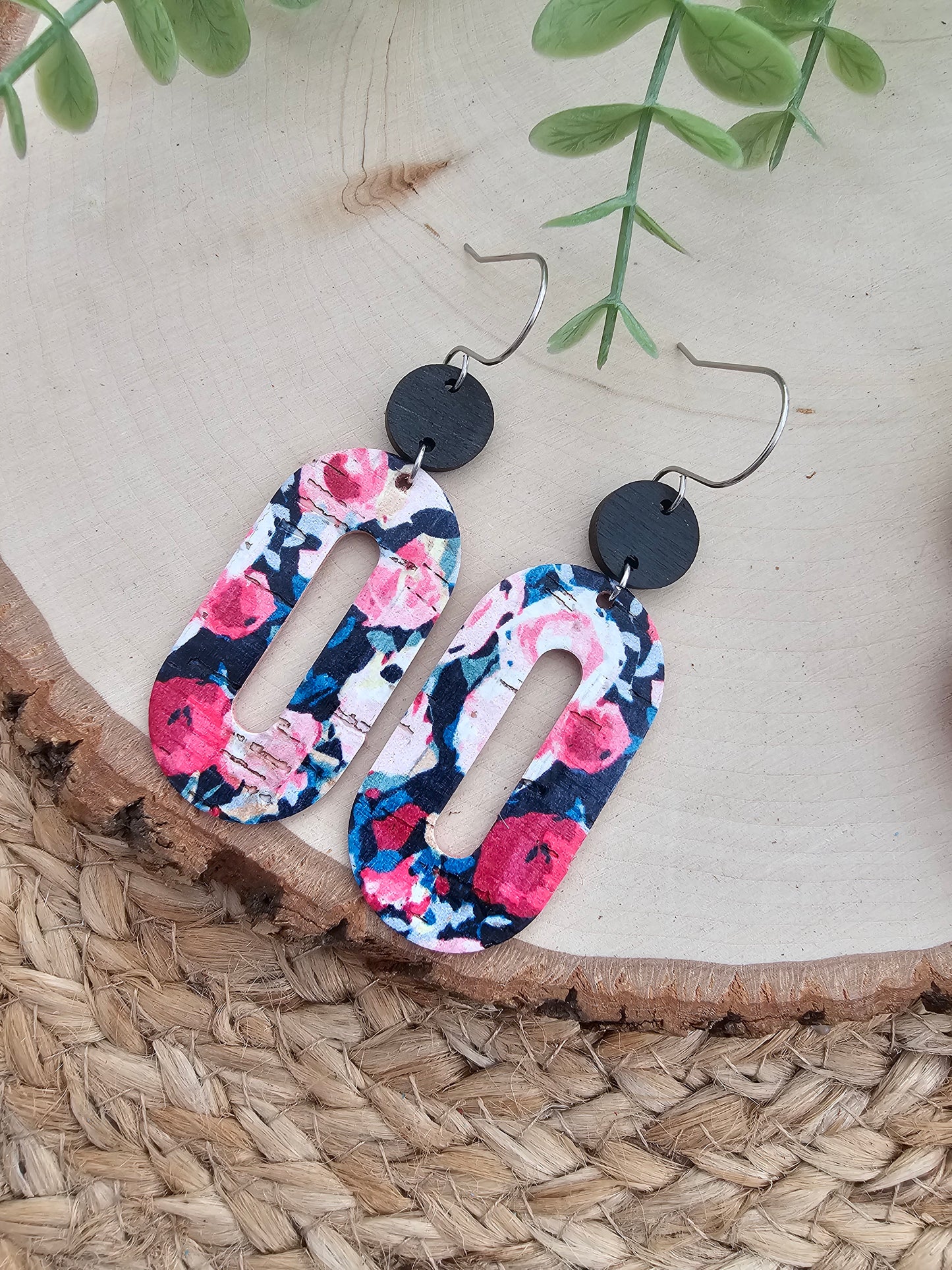Midnight Rose Garden Floral Elongated Oval Earrings