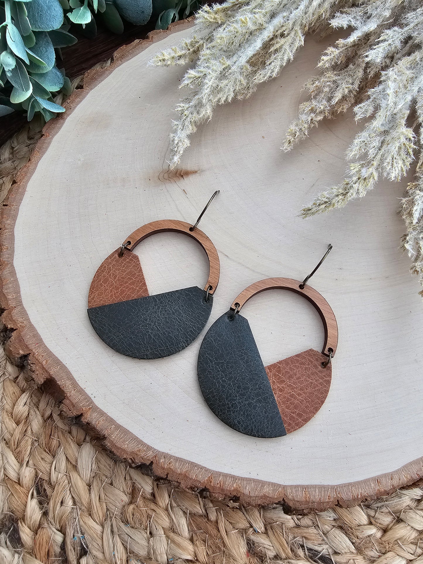 Saddle Brown & Dark Green Arched Earrings