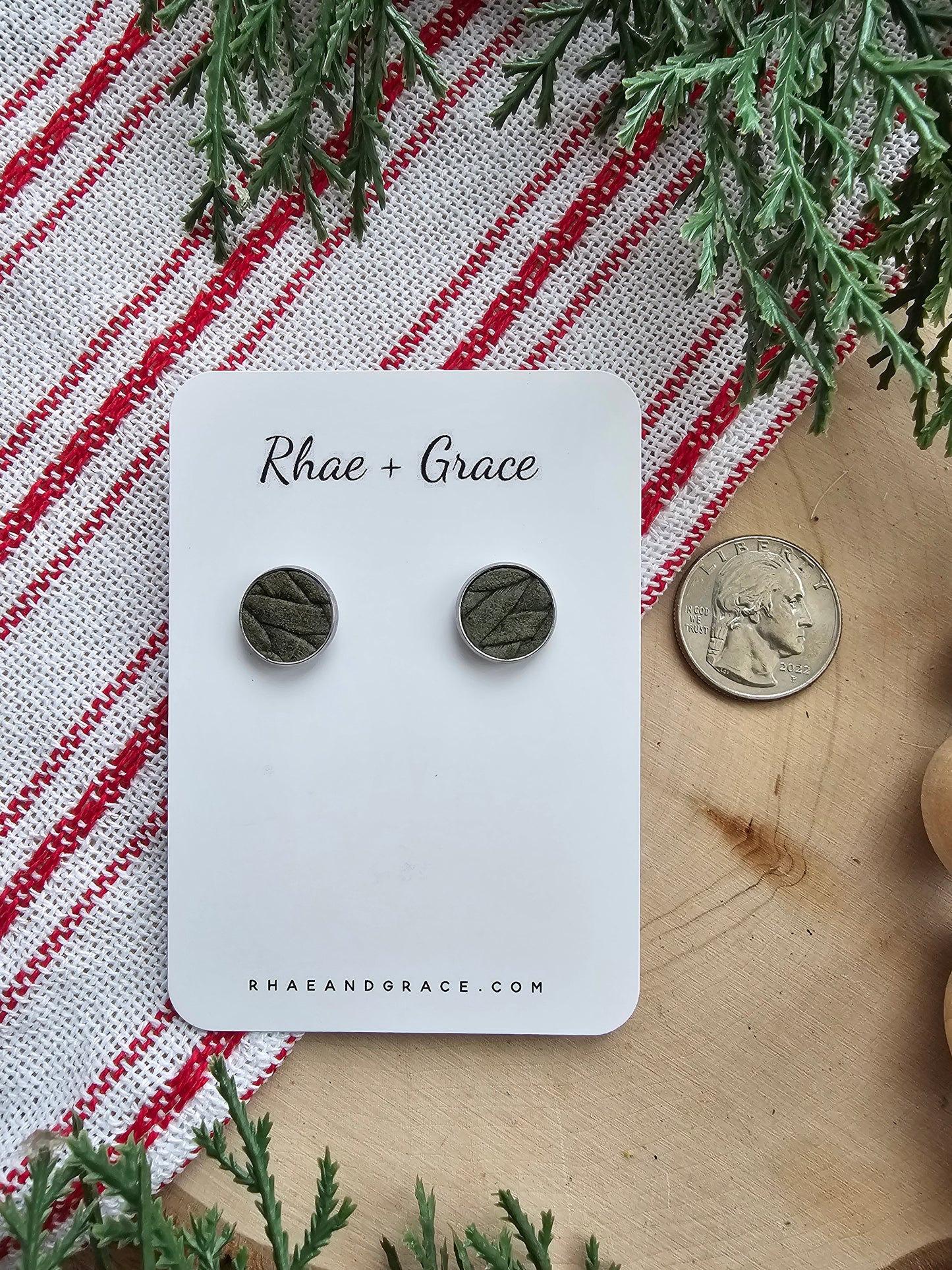 Olive Green Braided Embossed Stud Earrings - 12mm