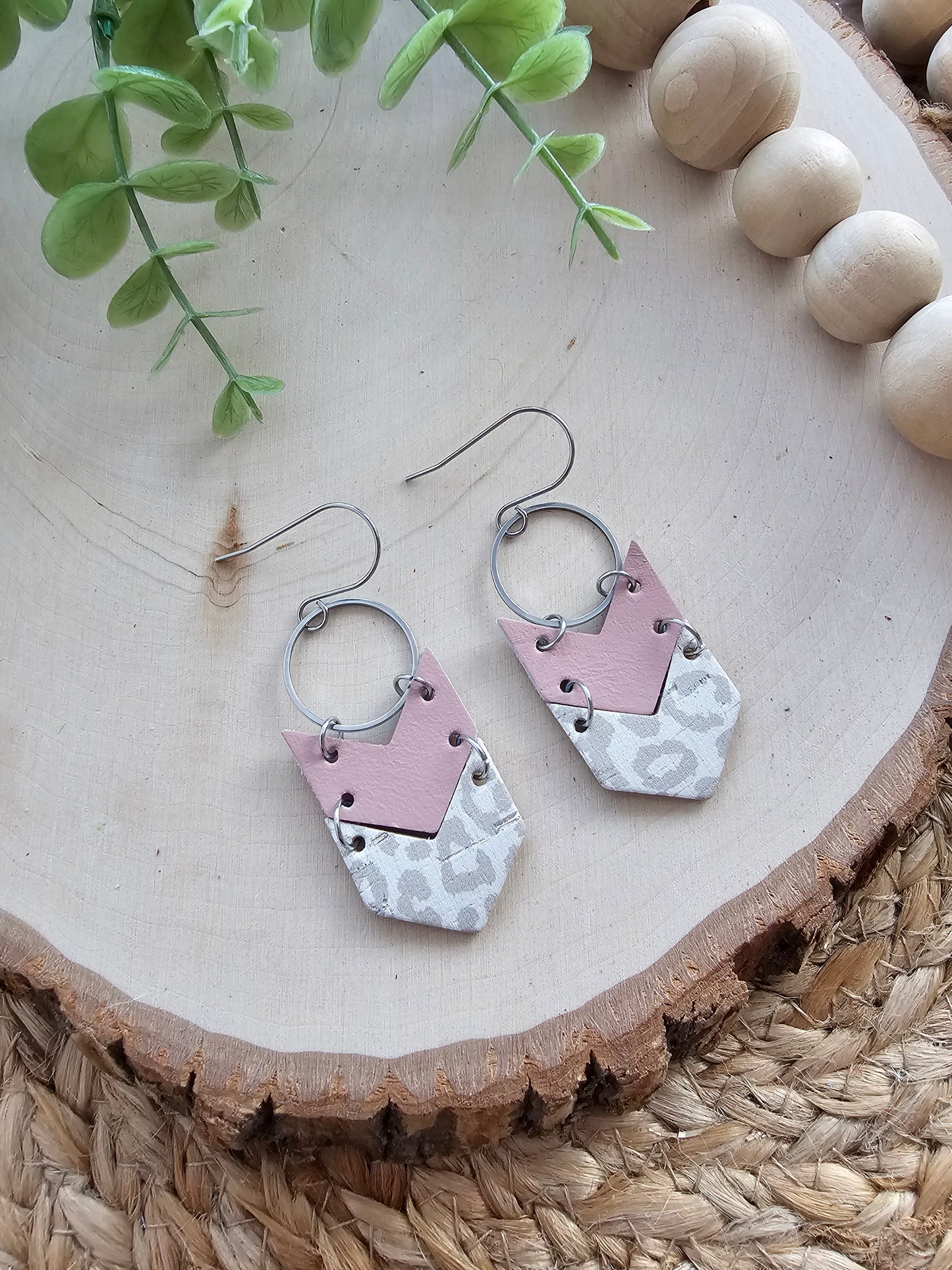 Snow Leopard Print & Pink Double Chevron Earrings