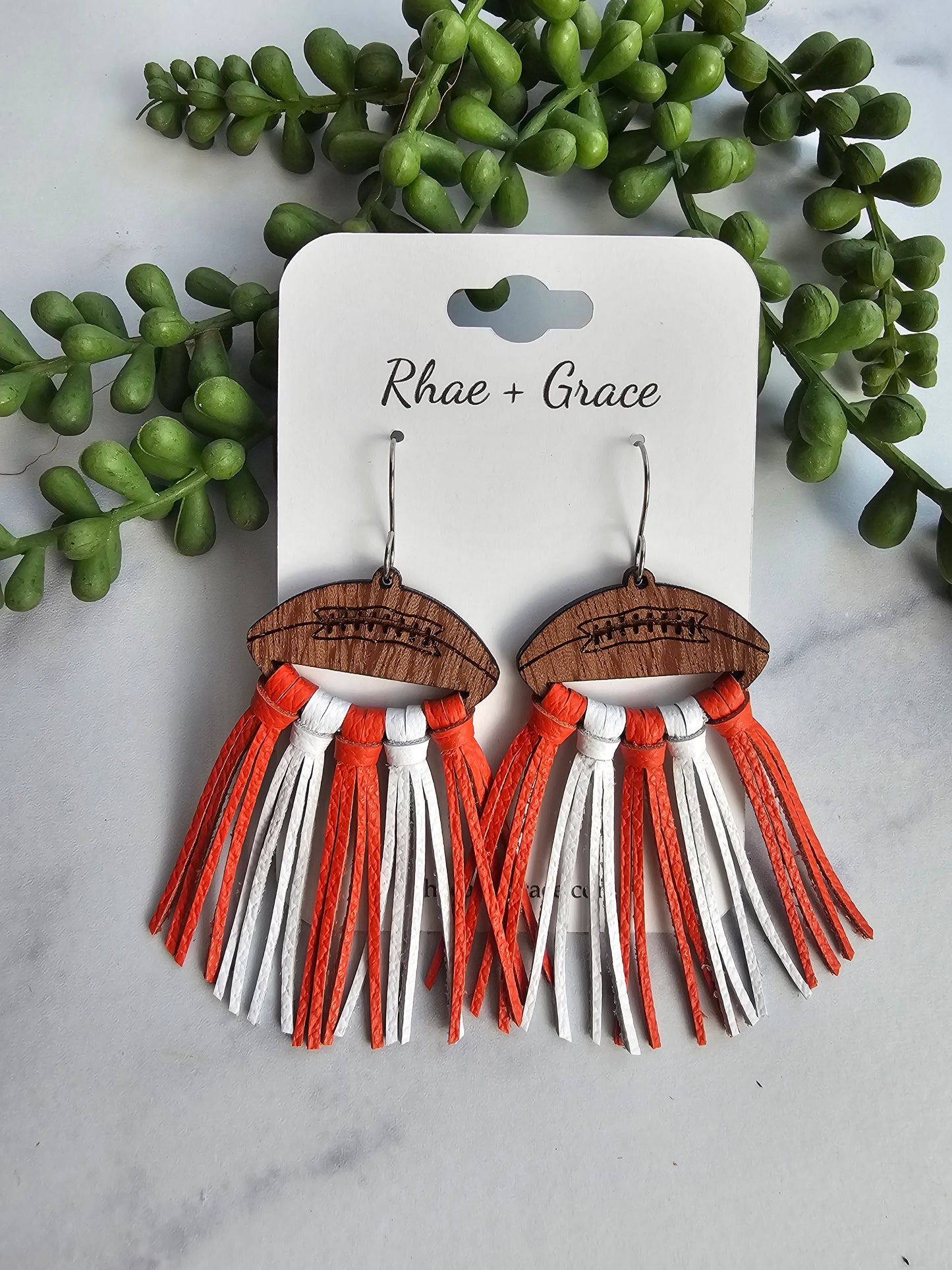 Orange & White Leather Fringe Football Statement Earrings