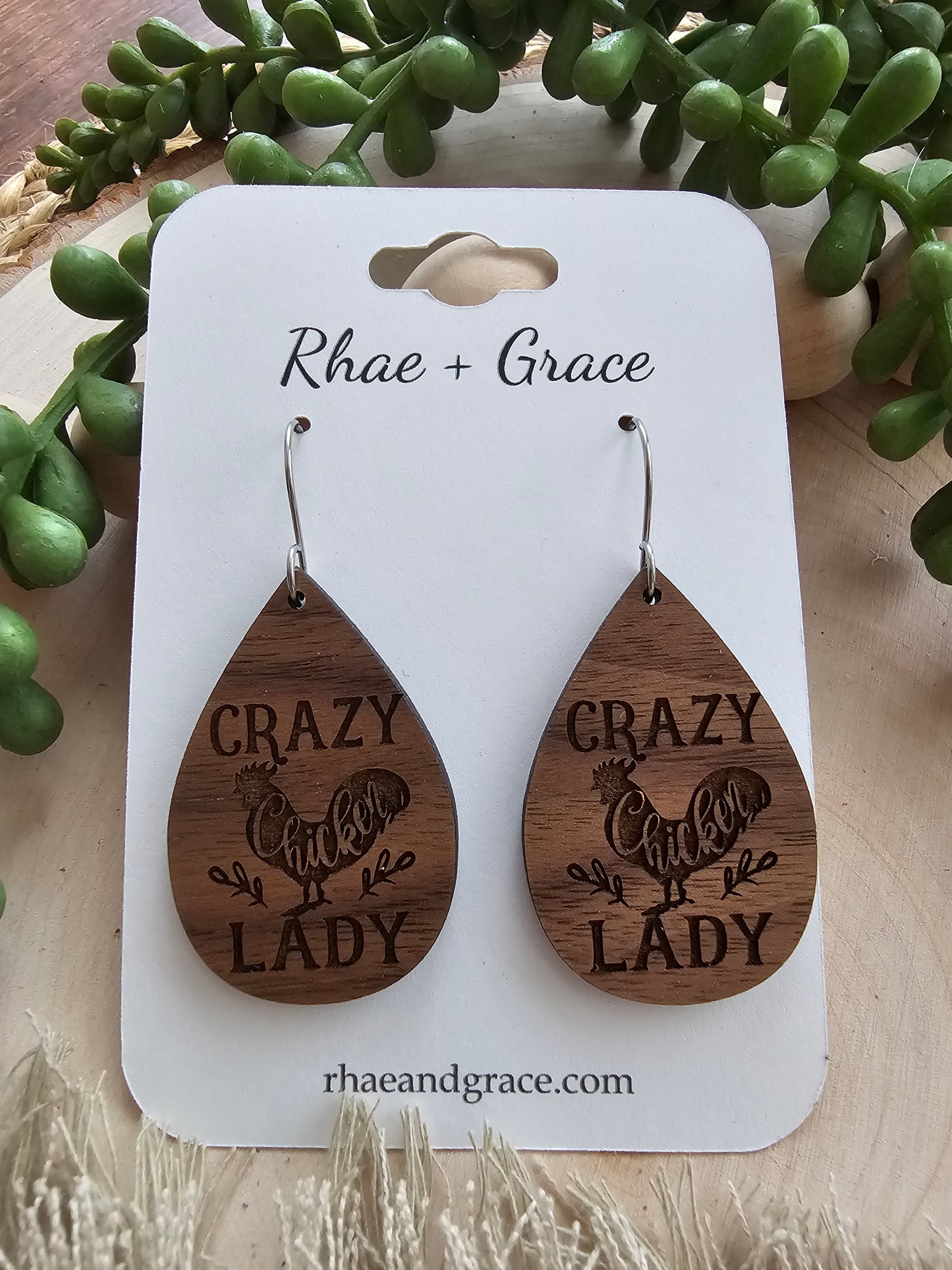 Crazy Chicken Lady Wood Teardrop Earrings