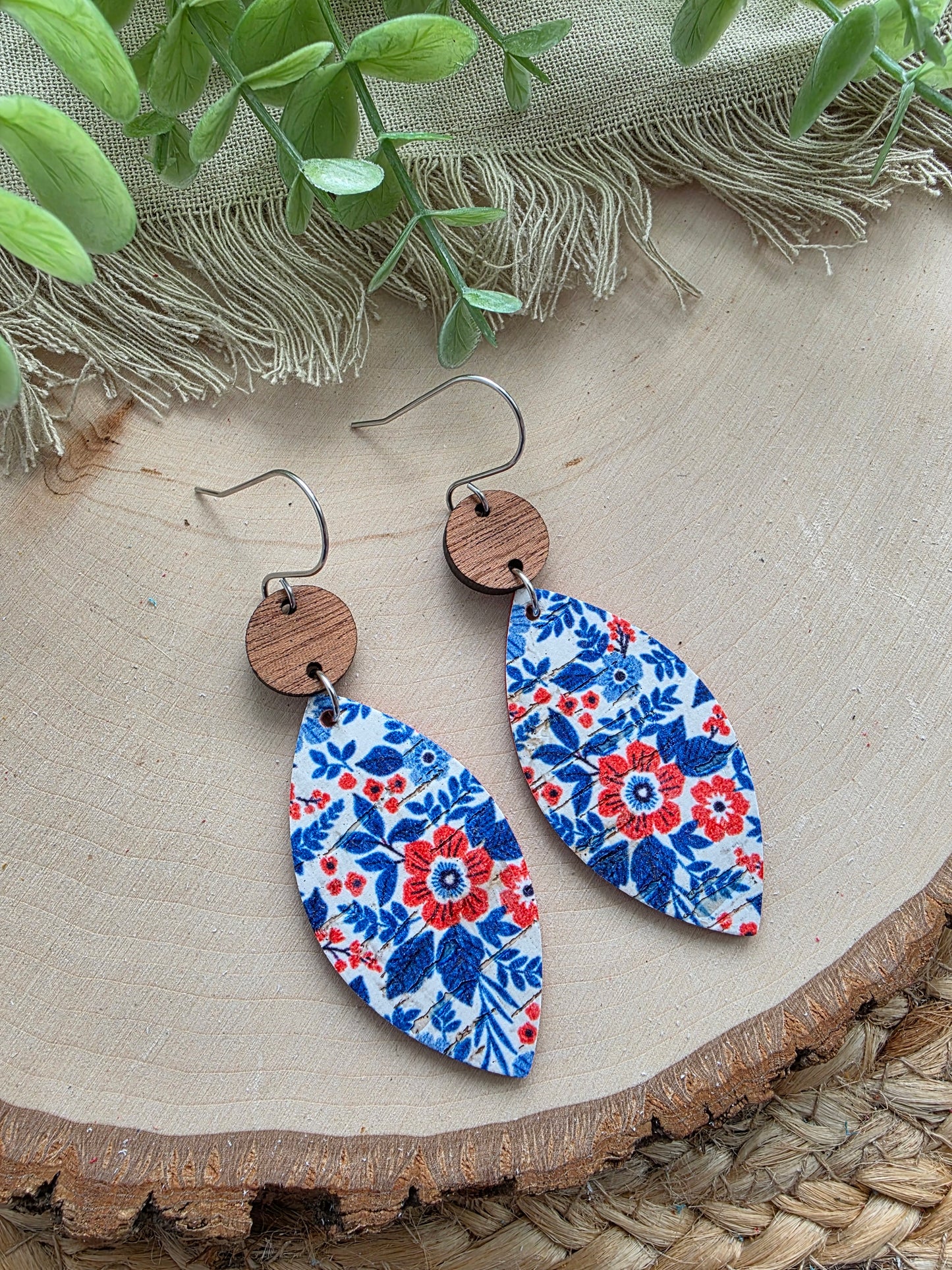 Patriotic Floral Leaf Earrings