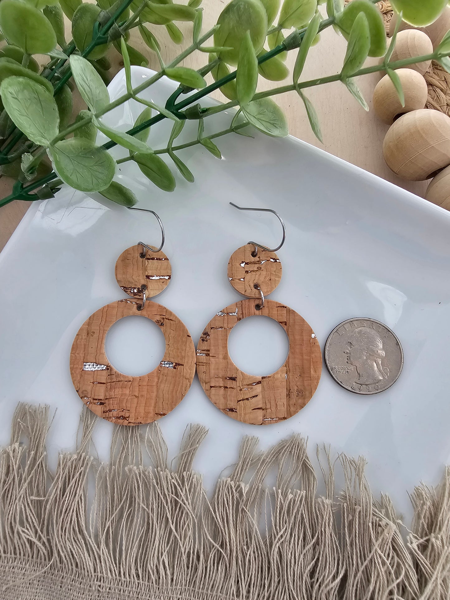 Natural Cork With Silver Flecks Circle Cutout Earrings