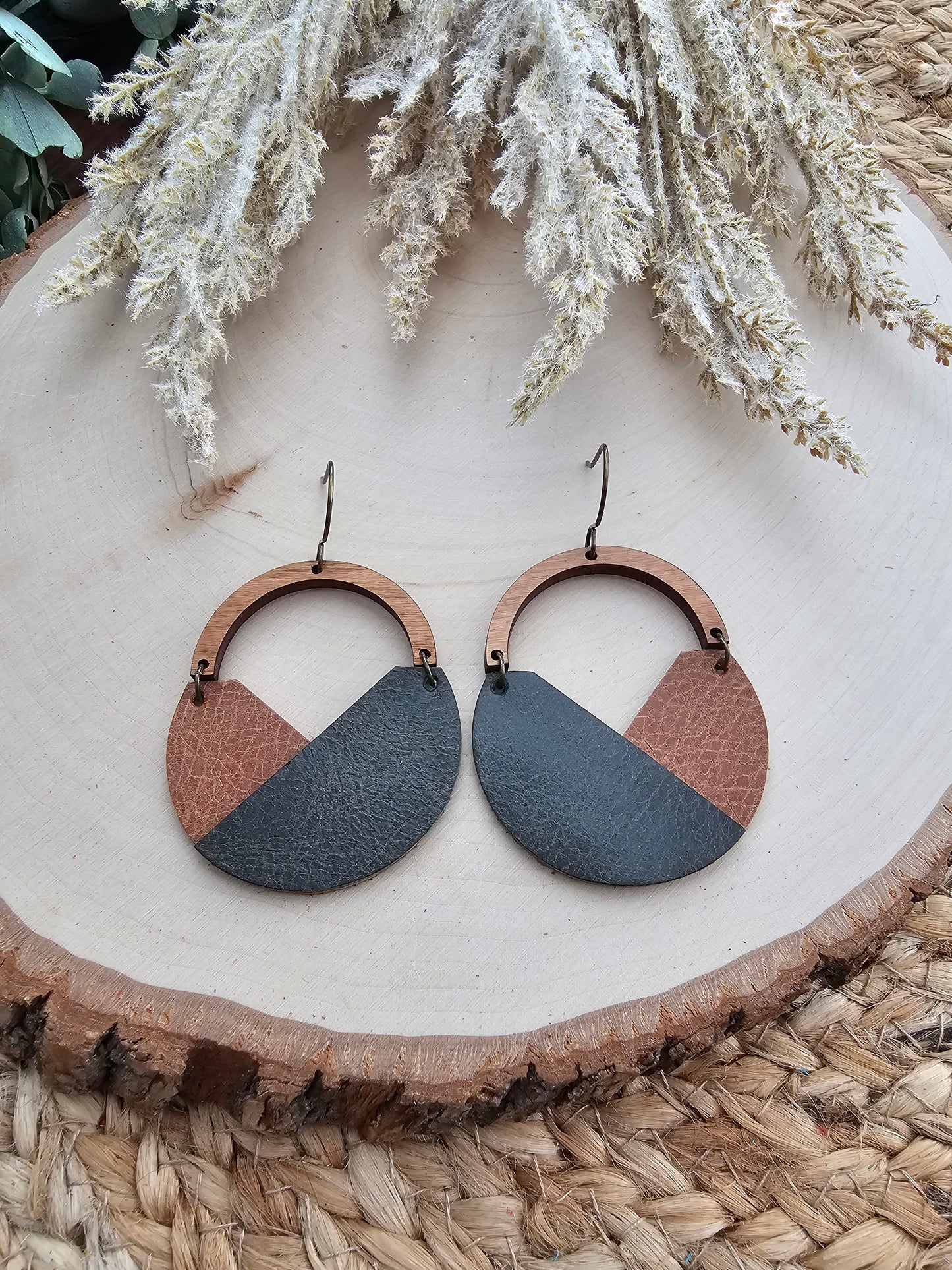 Saddle Brown & Dark Green Arched Earrings
