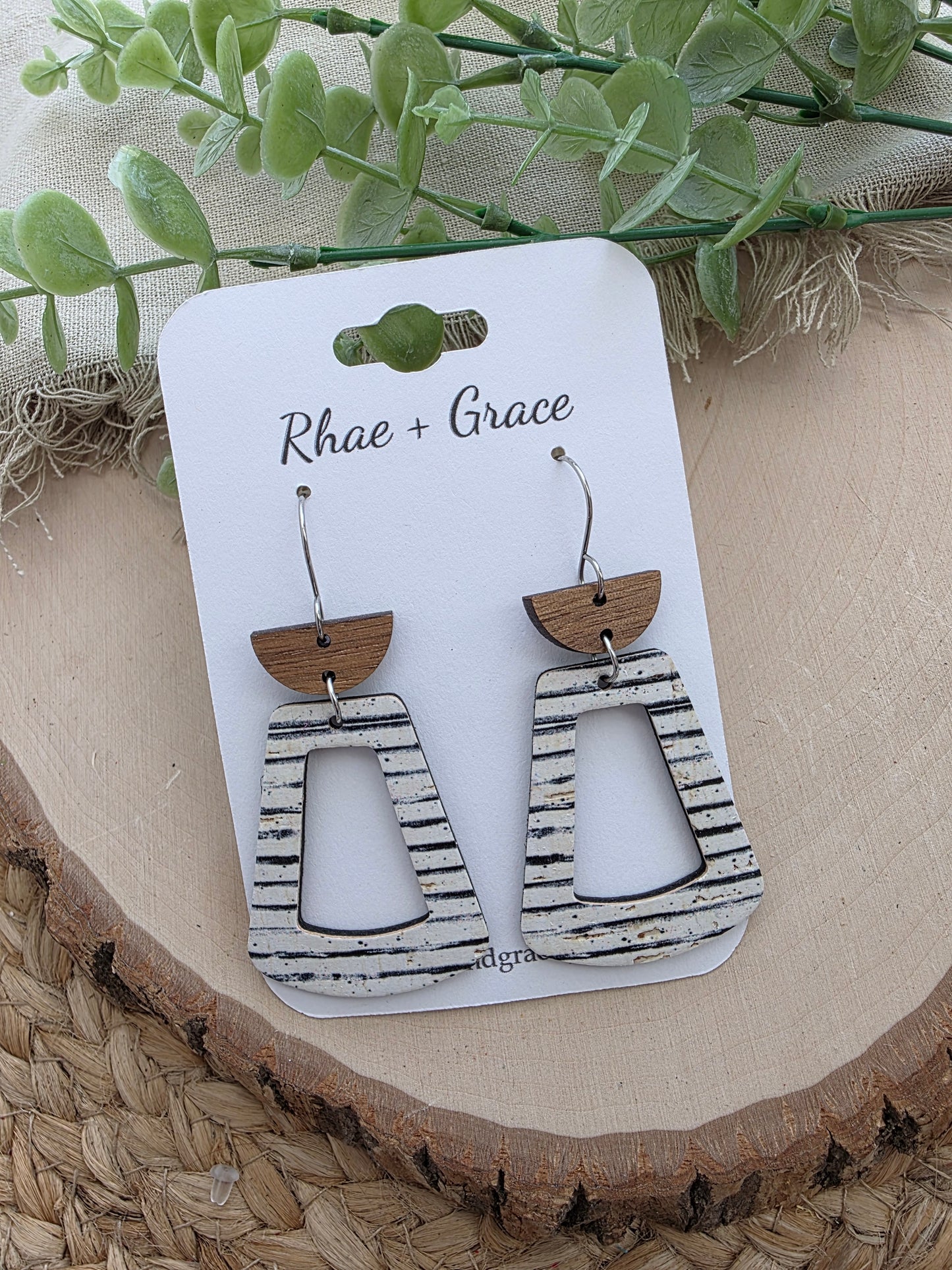 Black & White Pin Striped Open Trapezoid Earrings