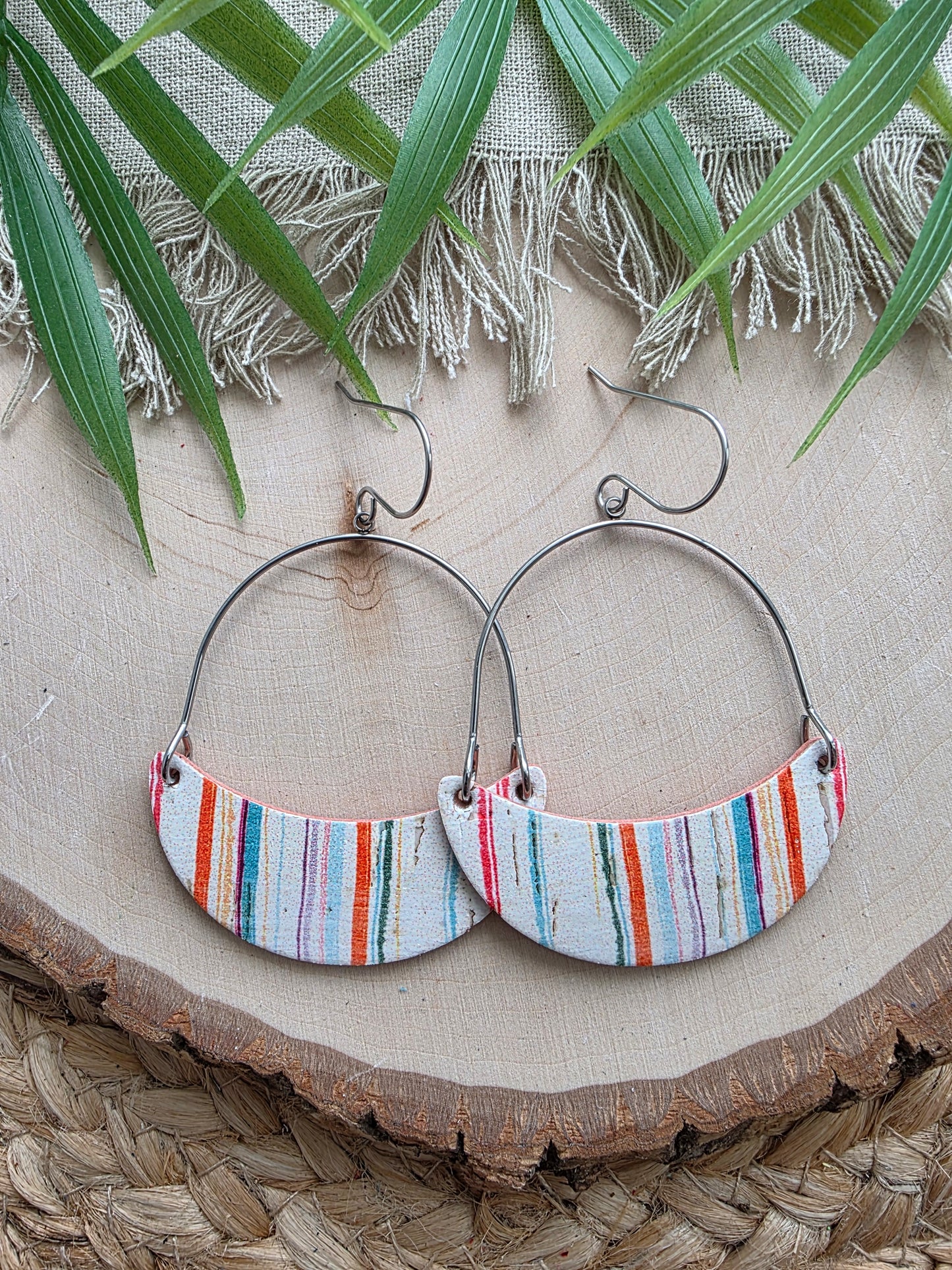 Summer Stripes Crescent Hoop Leather Earrings