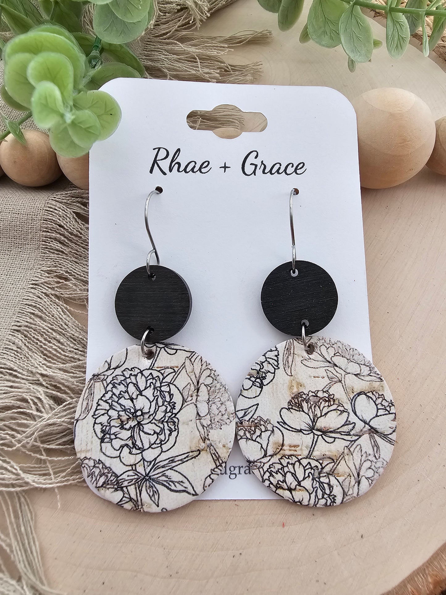 Black & White Sketched Ink Floral Circle Earrings