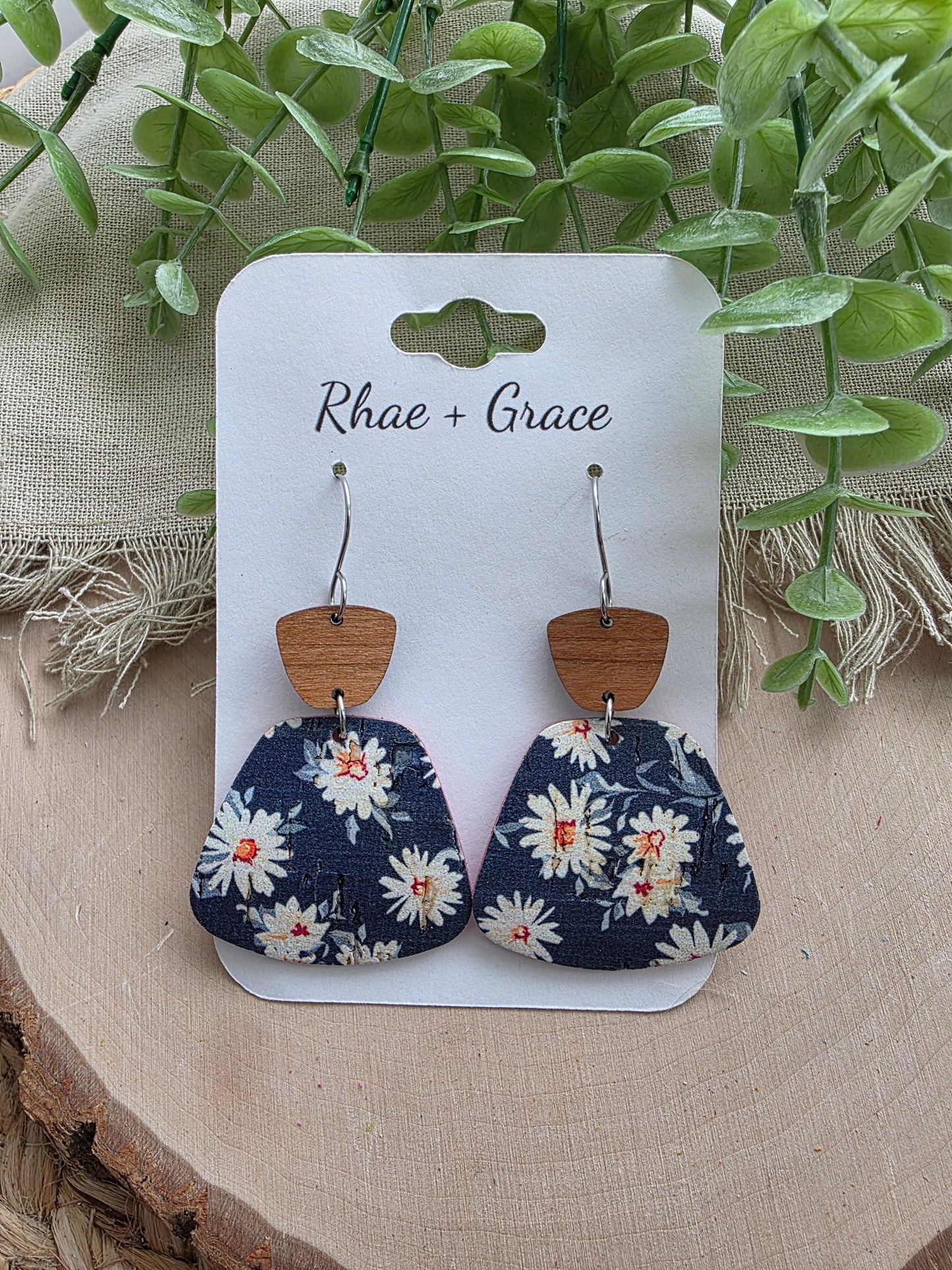 Navy Blue Daisy Rounded Trapezoid Earrings