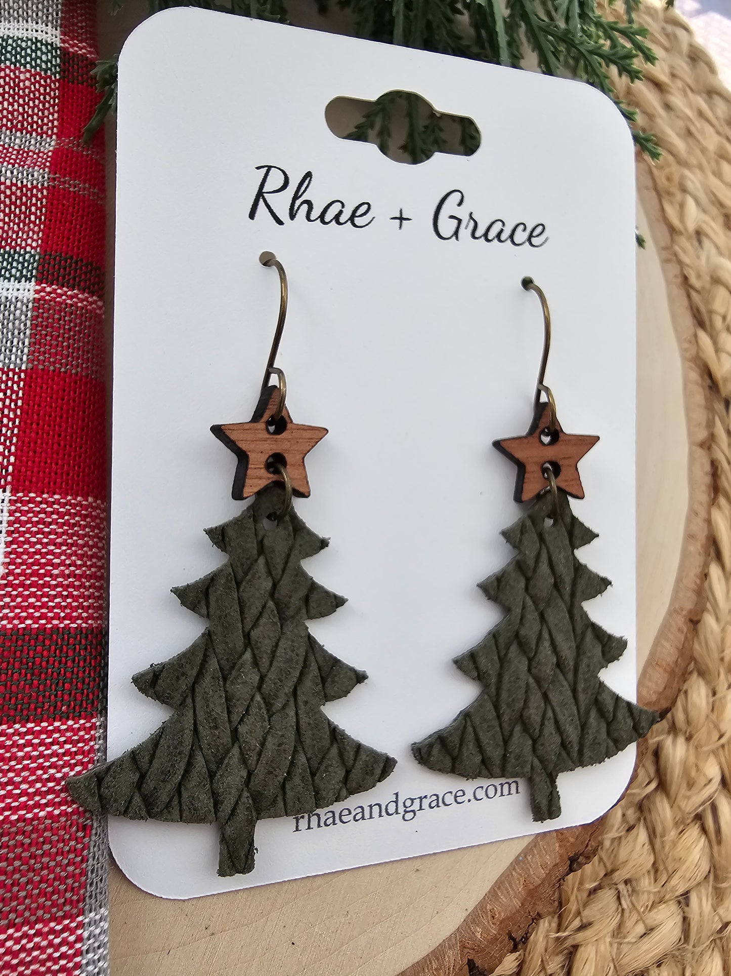Olive Green Braided Christmas Tree Earrings