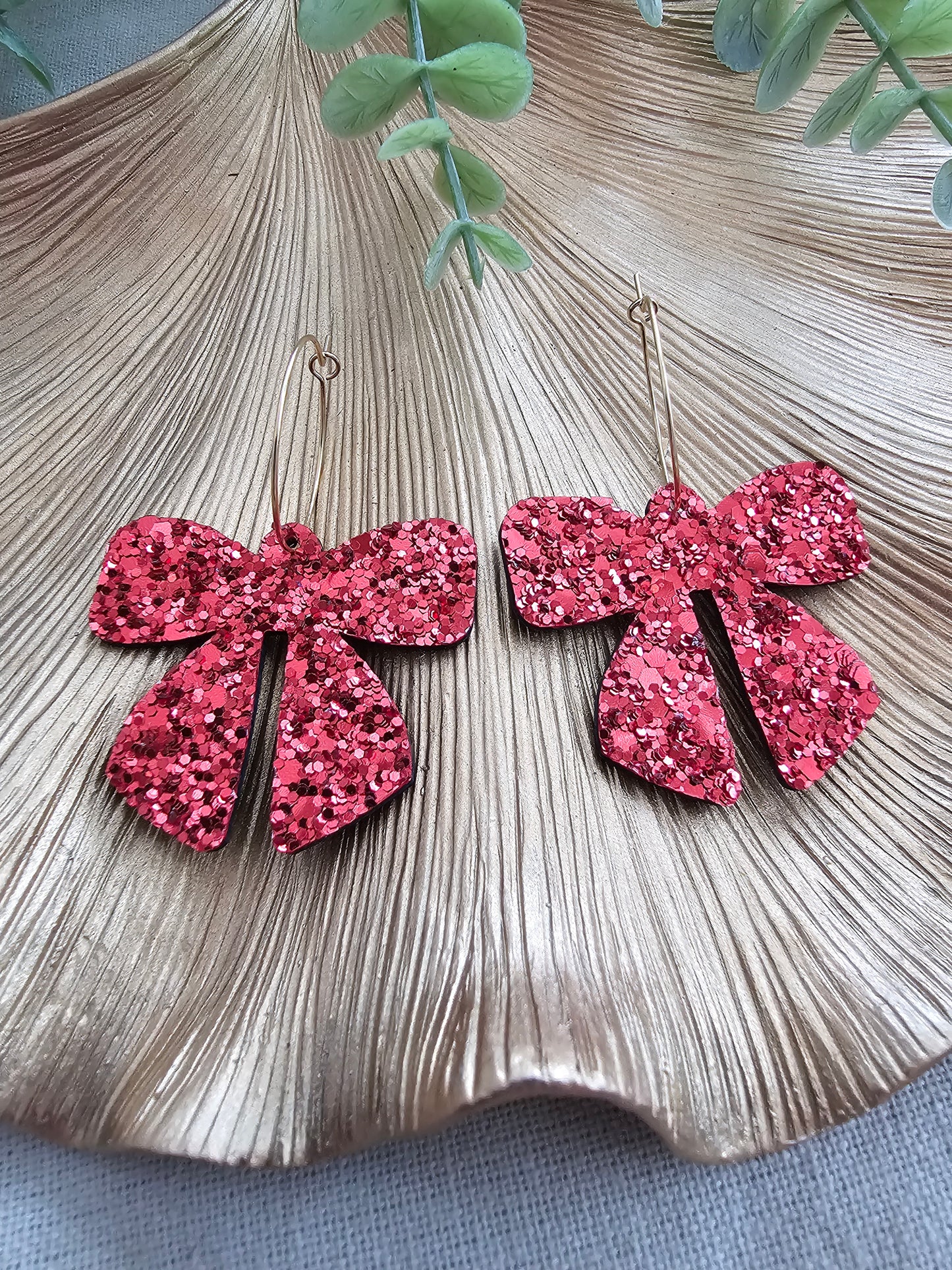 Ruby Red Glitter Bow Earrings