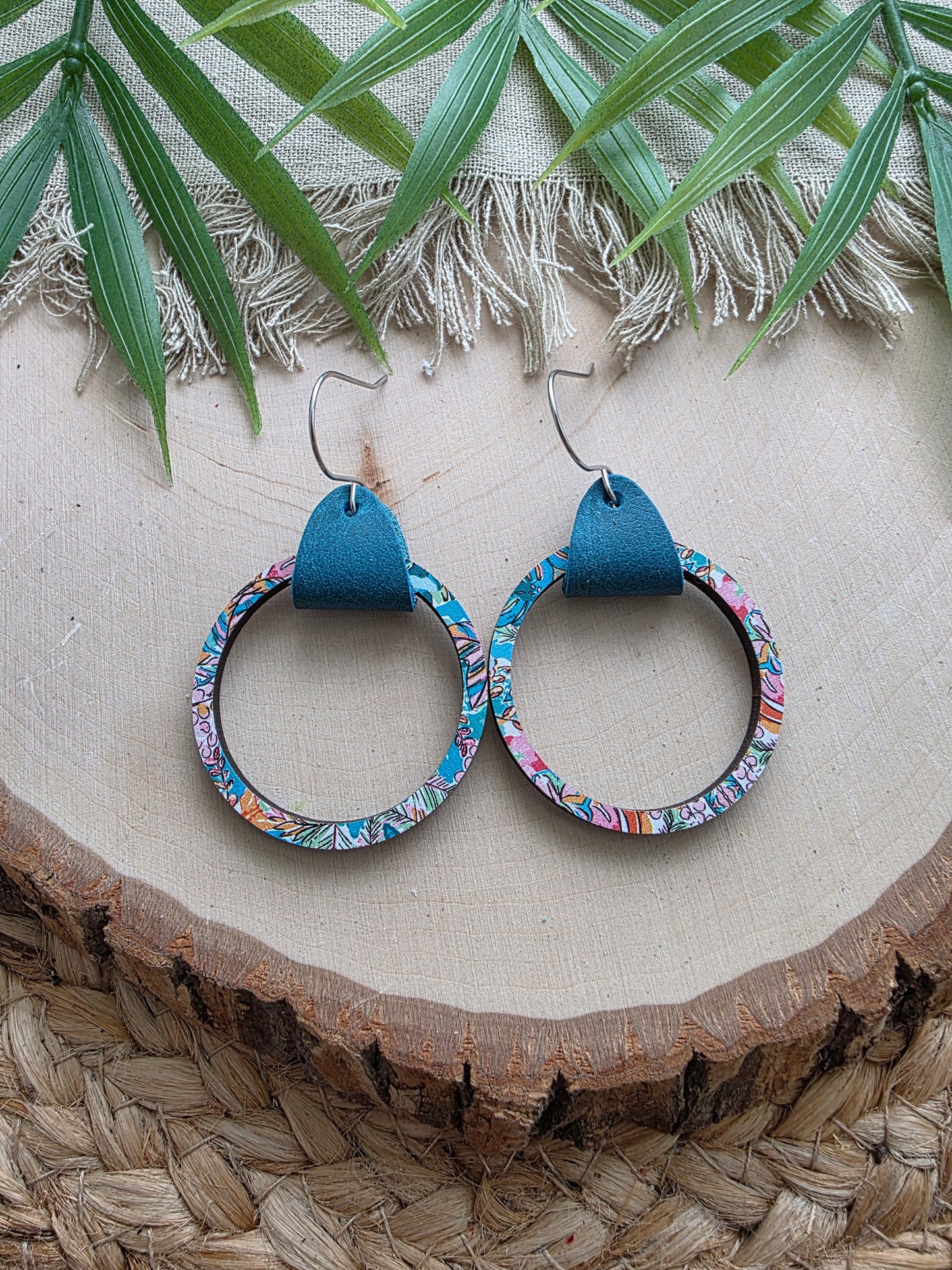Tropical Leather & Single Wood Hoop Earrings