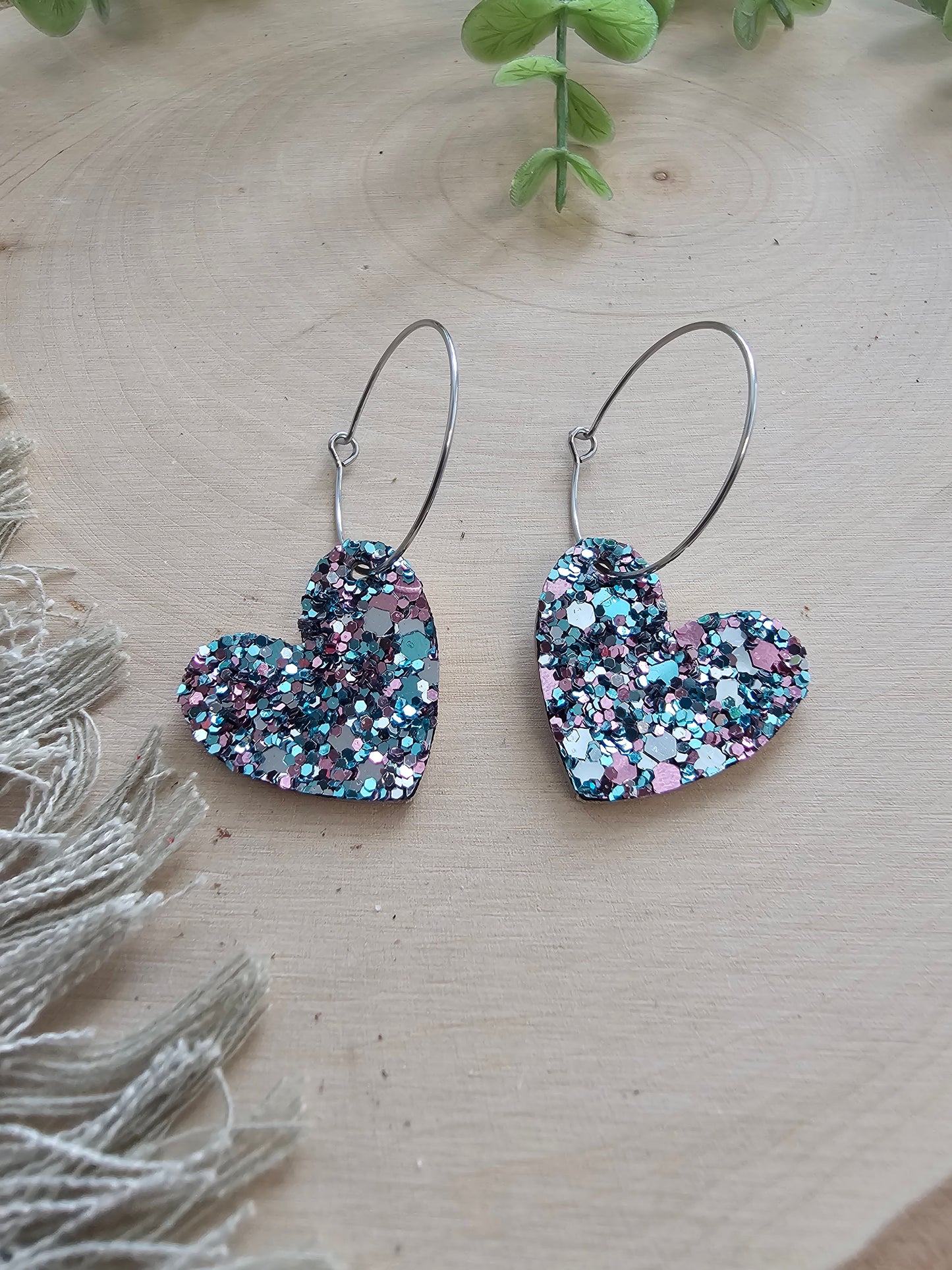 Blue & Mauve Small Heart Hoop Earrings