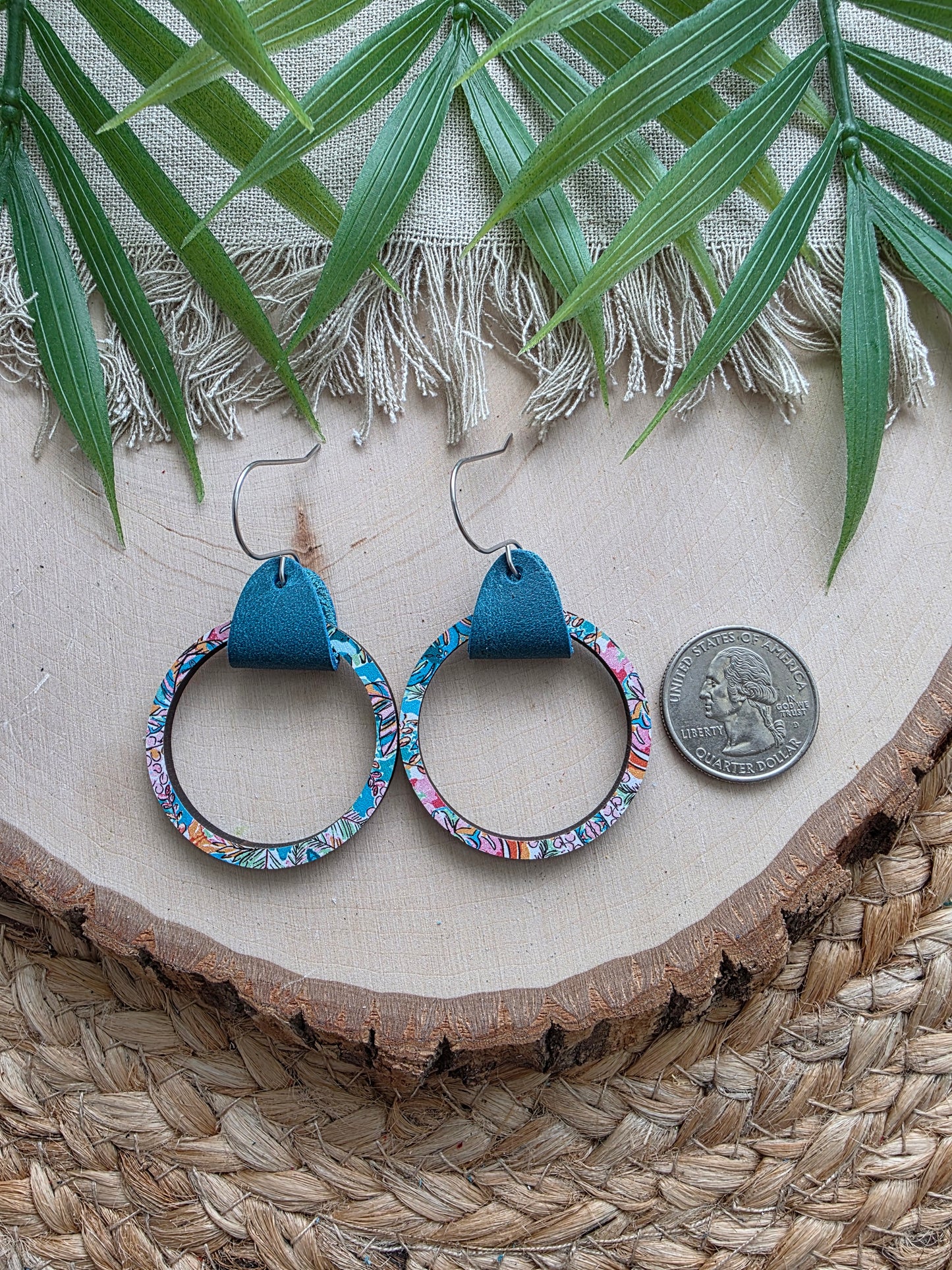 Tropical Leather & Single Wood Hoop Earrings