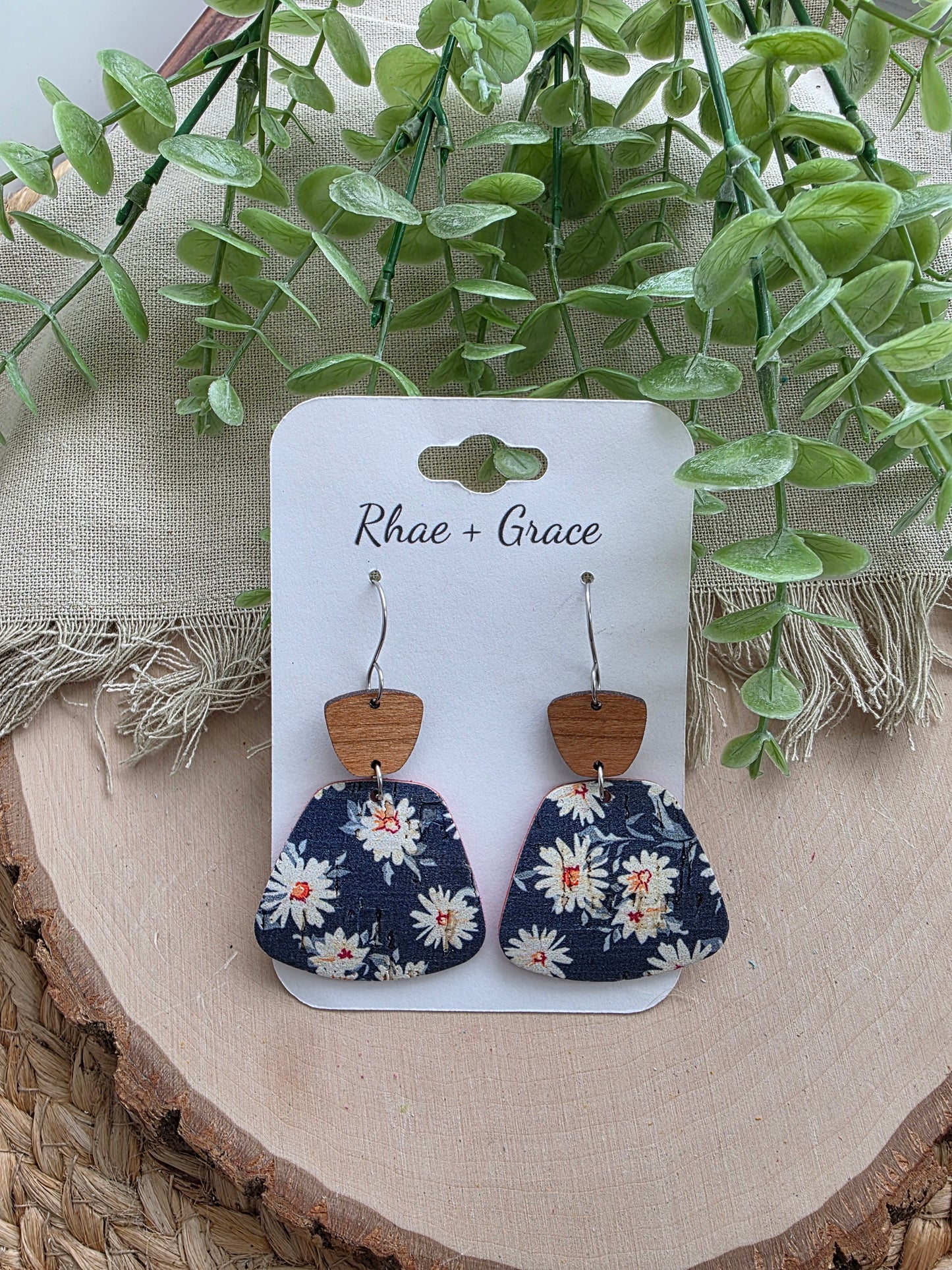 Navy Blue Daisy Rounded Trapezoid Earrings